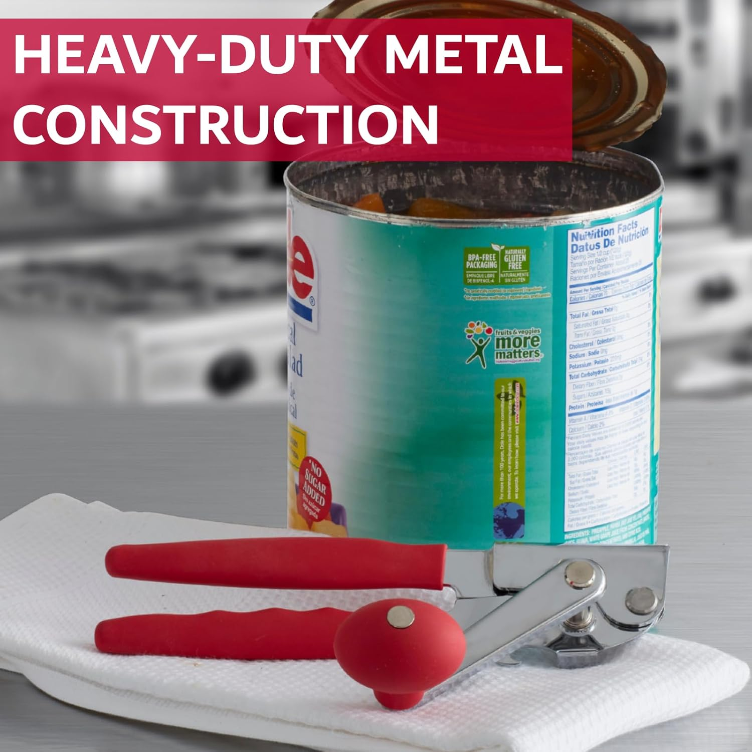 Commercial Stainless Steel Can Opener with Red Handle