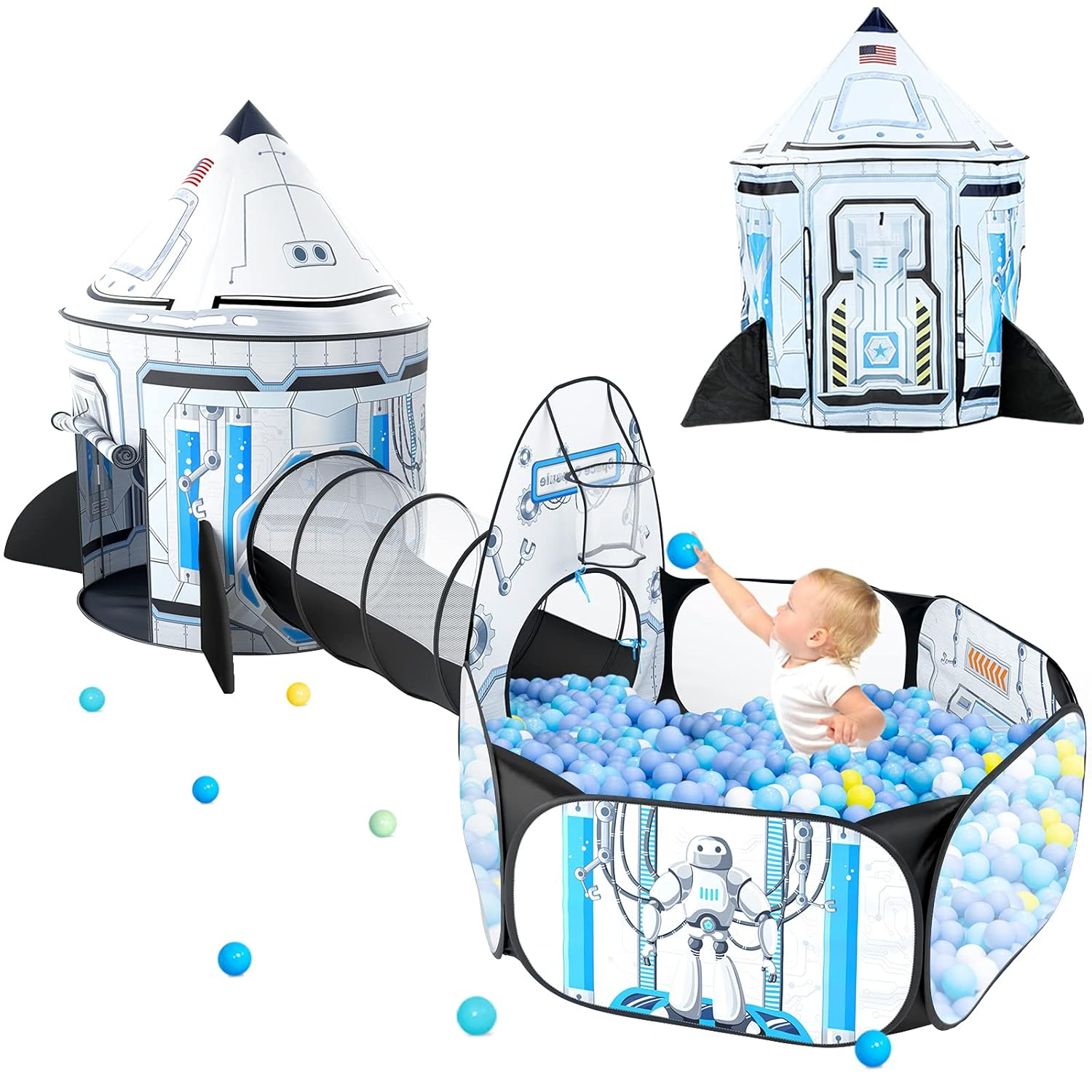 Rocket Ship Kids Play Tent: 3Pcs Toddlers Pop Up Ball Pit and Play Tunnel for Indoor Outdoor, Spaceship Baby Playhouse Toys for 1-3 Year Old Boys Girls (3 in 1 Kids Tent)