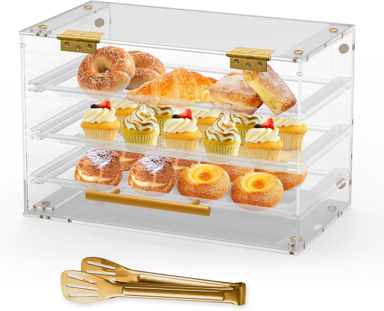 Bakery Display Case Countertop,3 Tray Pastry Display Case with Serving Tong Commercial Clear Acrylic Bread Box Display Case with Front Door for Cookie Food Donut Deseert Cupcake Bagels Cake