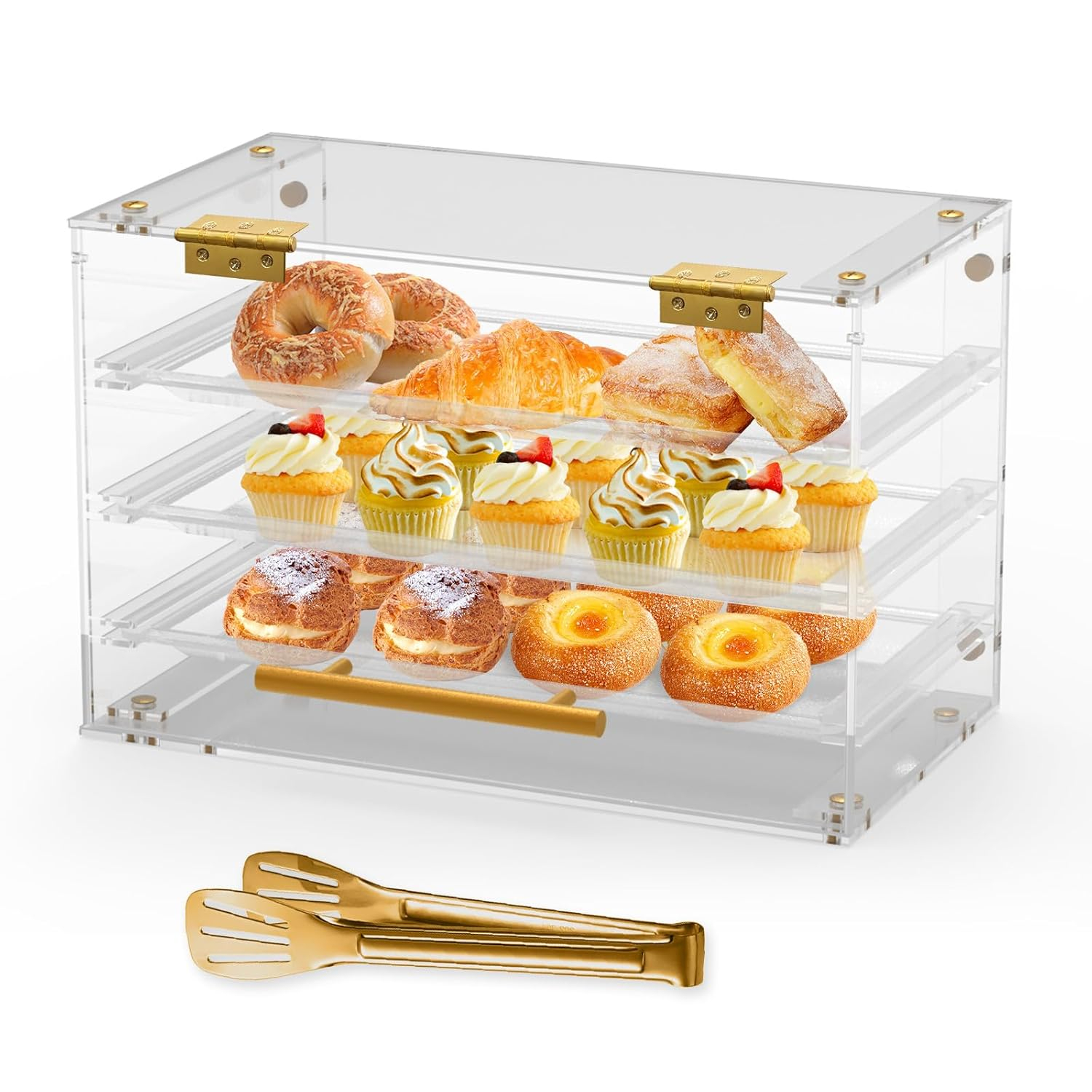 Bakery Display Case Countertop,3 Tray Pastry Display Case with Serving Tong Commercial Clear Acrylic Bread Box Display Case with Front Door for Cookie Food Donut Deseert Cupcake Bagels Cake
