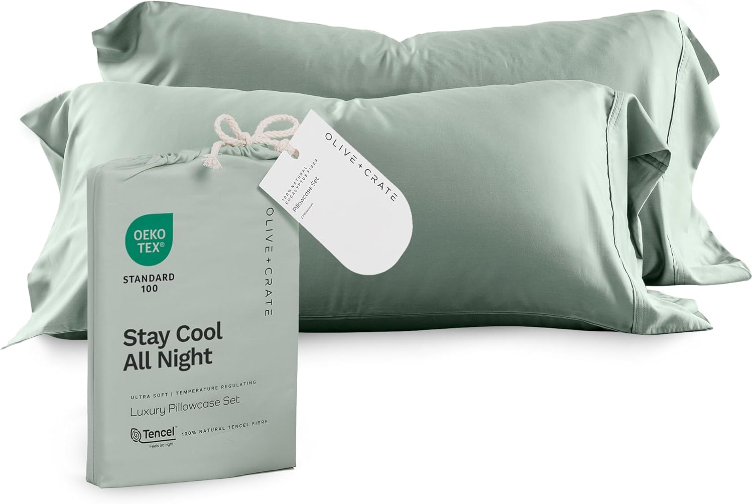 Olive + Crate Tencel Eucalyptus Pillowcases - 100% Tencel Lyocell Cooling Pillow Cases for Hot Sleepers, Hypoallergenic, Moisture-Wicking, Silk Alternative, Vegan, Standard Size Set of 2 [Spring Sage]