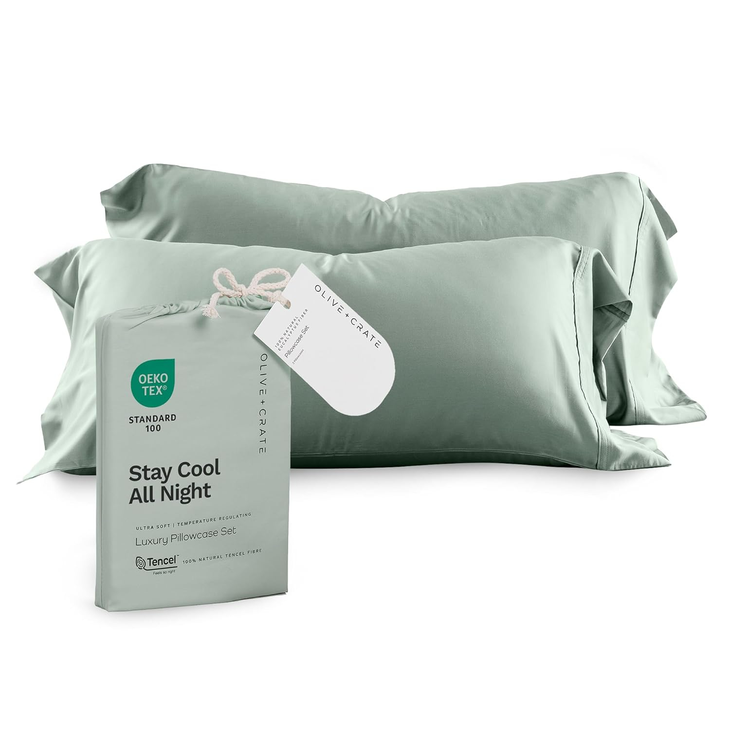 Olive + Crate Tencel Eucalyptus Pillowcases - 100% Tencel Lyocell Cooling Pillow Cases for Hot Sleepers, Hypoallergenic, Moisture-Wicking, Silk Alternative, Vegan, Standard Size Set of 2 [Spring Sage]