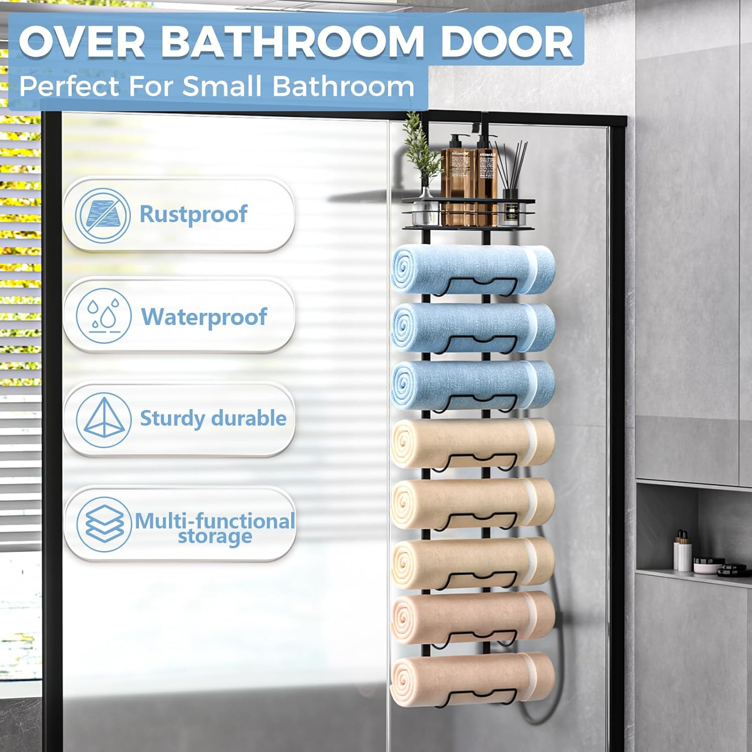 9-Tier Over The Door Towel Rack,Towel Racks for Bathroom, Metal Towel Holder with Storage Basket,Towel Storage for Small Bathroom,Towel Rack for Rolled Towels,Black