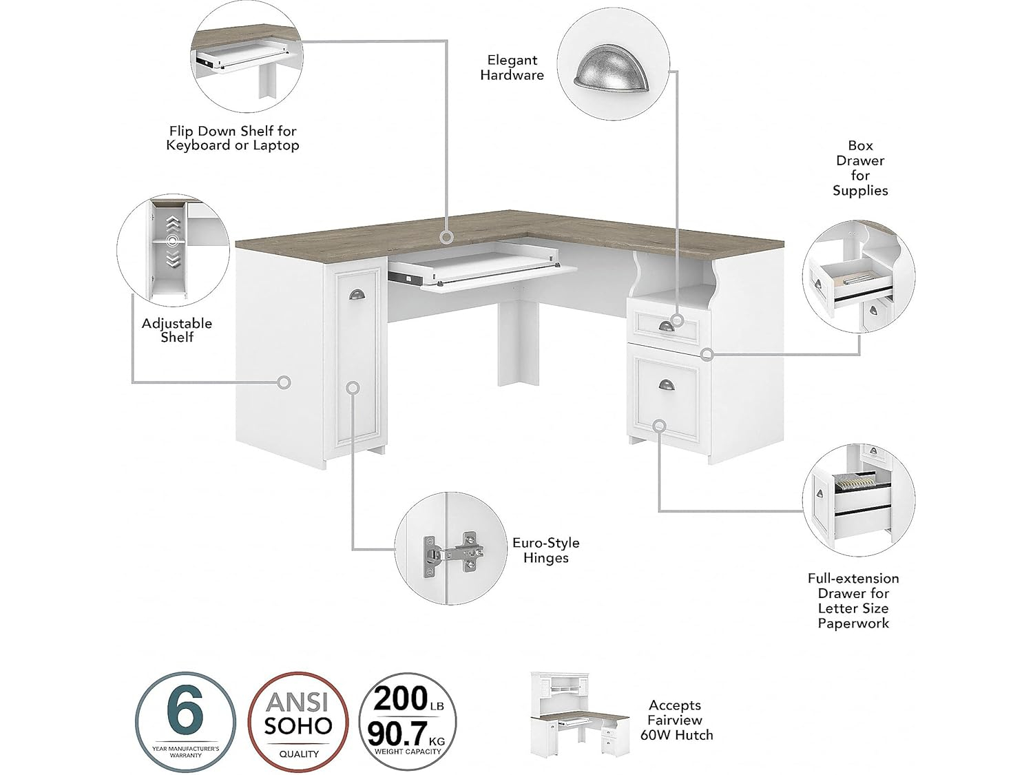 Bush Furniture Fairview 60W L Shaped Desk with Drawers and Storage Cabinet, White/Gray