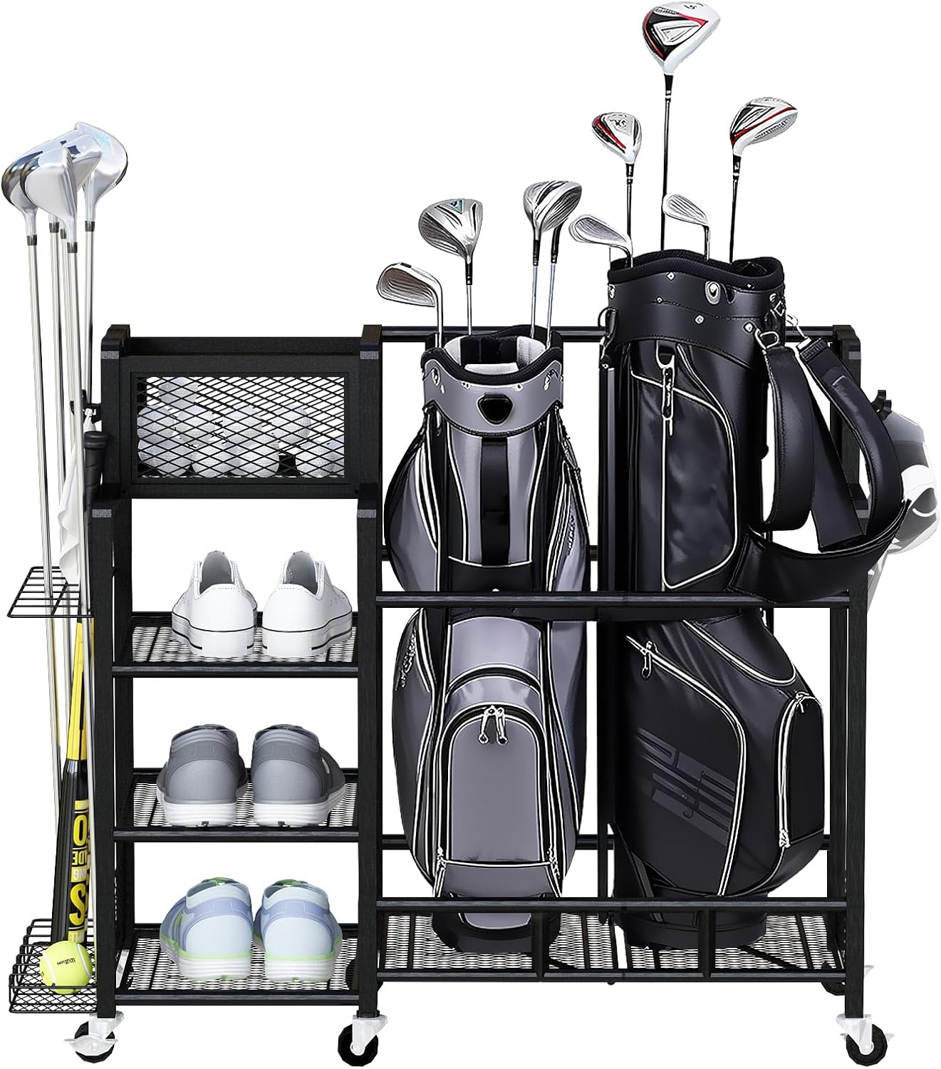 Recaceik Golf Storage Garage Organizer Large Size,Golf Bag Storage Stand and Other Golfing Accessories Rack, Metal with Wheels Golf Club Storage for Garage Shed and Basement (Black)