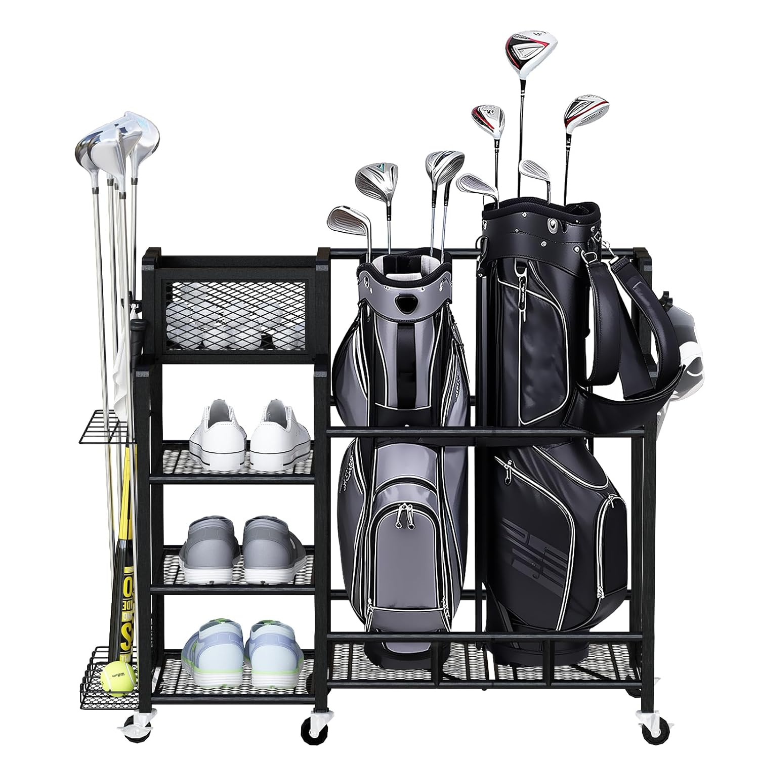 Recaceik Golf Storage Garage Organizer Large Size,Golf Bag Storage Stand and Other Golfing Accessories Rack, Metal with Wheels Golf Club Storage for Garage Shed and Basement (Black)