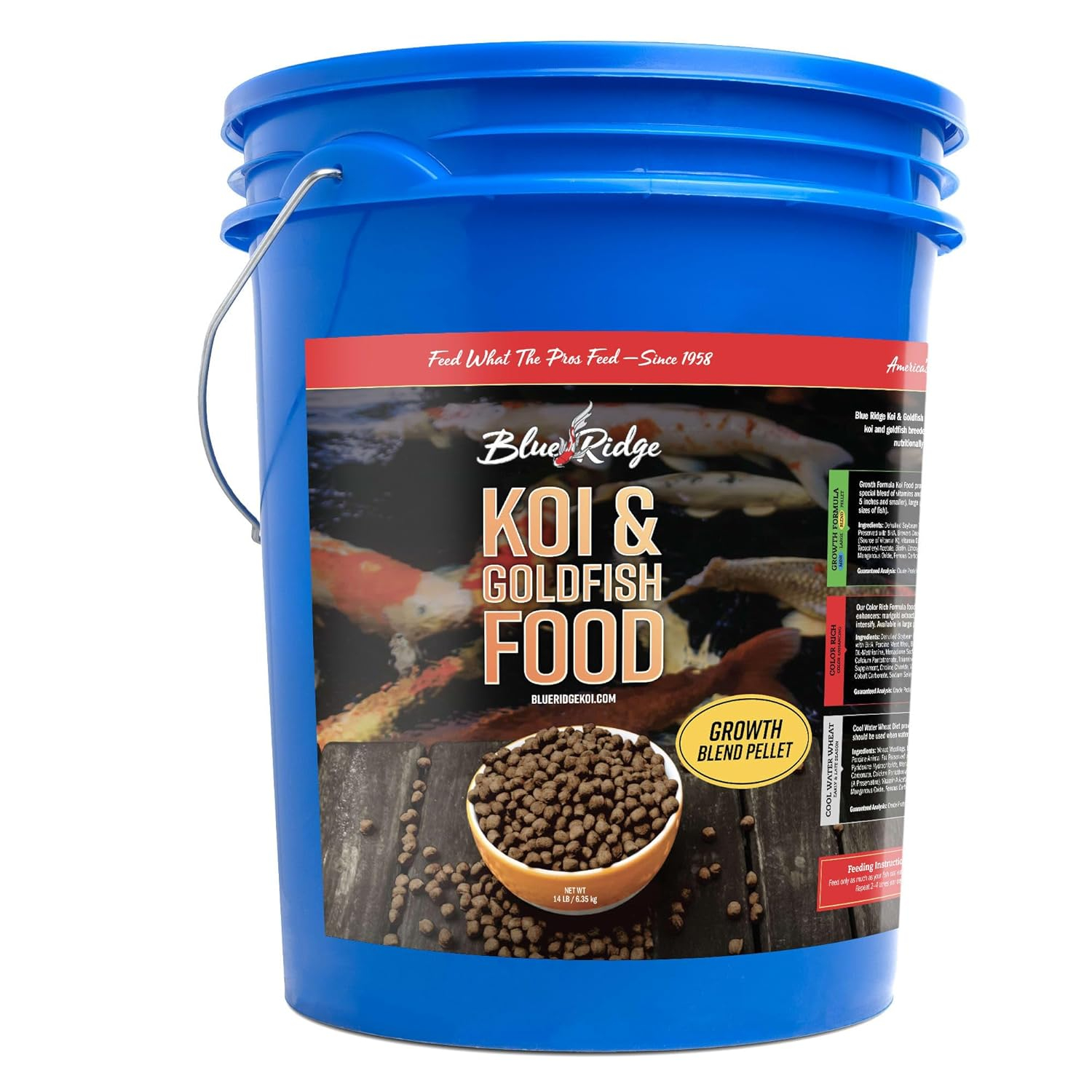 Blue Ridge Koi Fish Food 14lb - Koi Food 3/16” Large and Mini Blend Growth Formula, Goldfish Food, Premium Fish Food for Ponds, Ponds Fish Food, Floating Pond Pellets