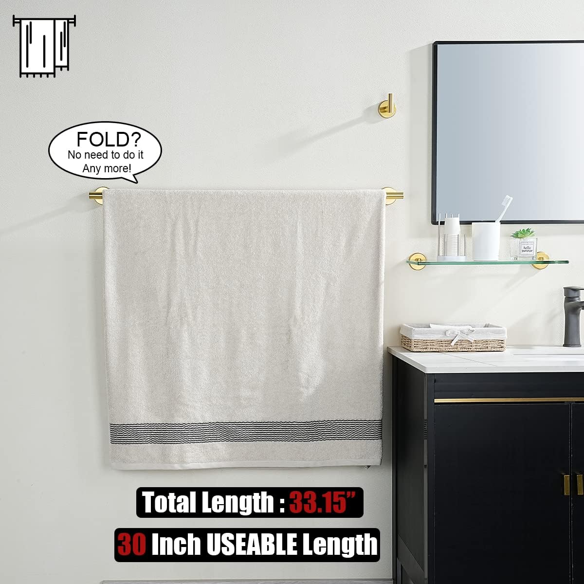 JQK Gold Towel Bar, 33 Inch 304 Stainless Steel Thicken 0.8mm Towel Rack Bathroom, Towel Holder Brushed Golden Wall Mount, Useable Length 30 Inch, TB110L30-BG