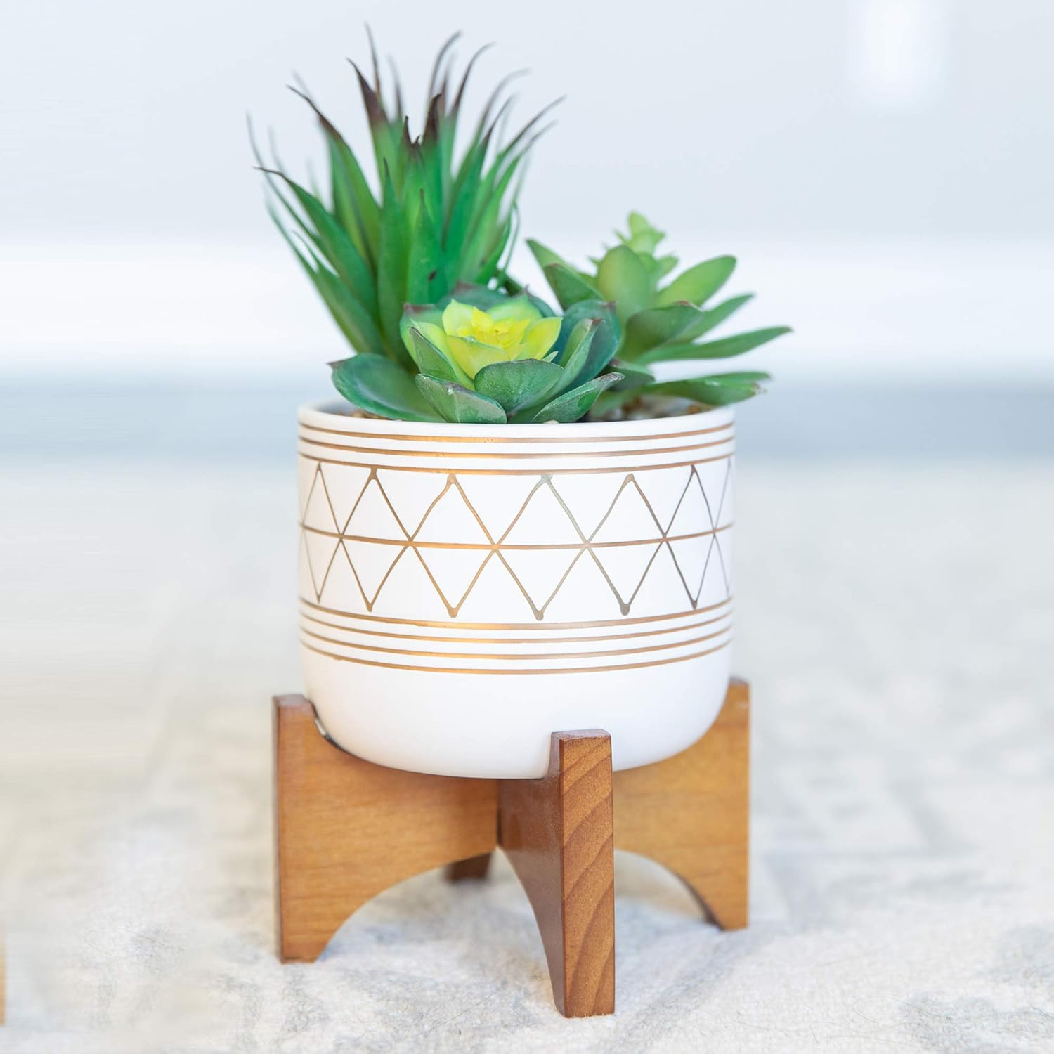 Chic Matte White Ceramic Tabletop Succulent Arrangement in Planter