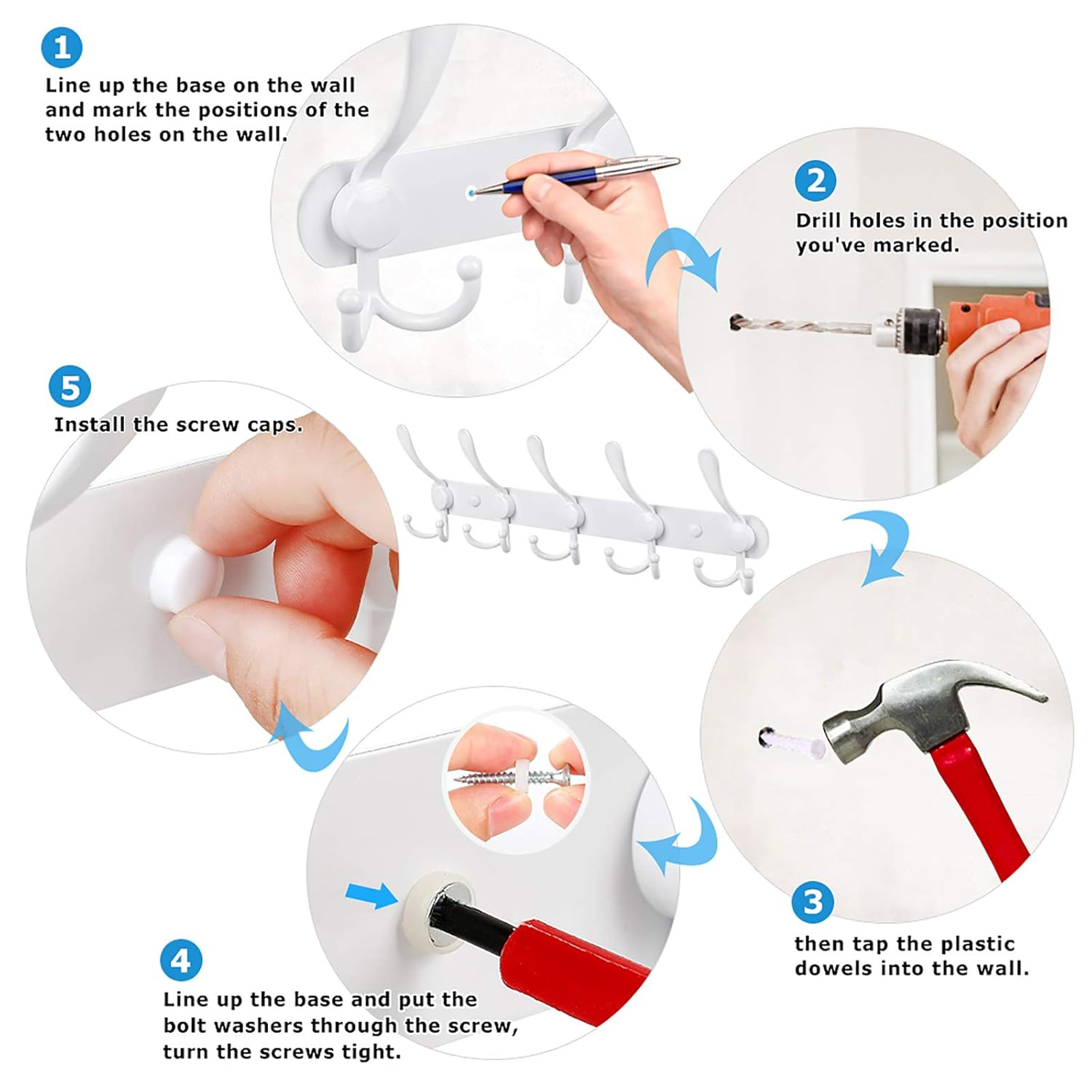 White Aluminum and Stainless Steel Wall Mounted Coat Rack with 15 Hooks