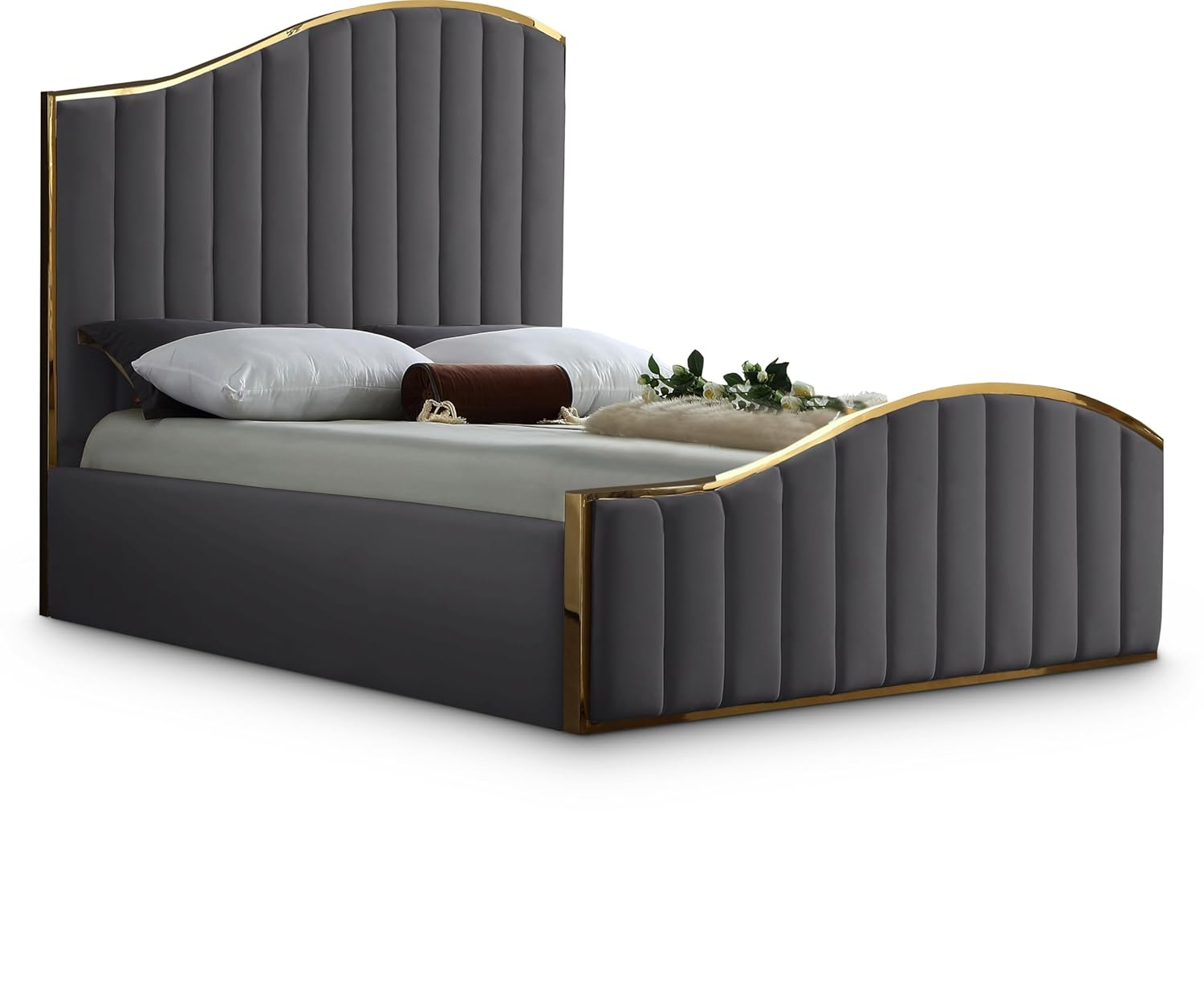 Meridian Furniture Jolie Solid Wood and Velvet Queen Bed in Gray