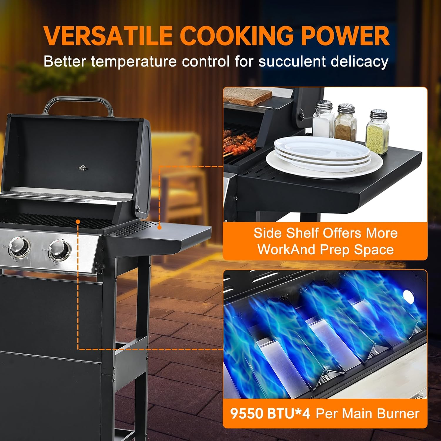 4 Burner Propane Gas Grill, Stainless Steel BBQ Grill 40,000 BTU for Outdoor Cooking Kitchen, Garden and Patio Backyard Barbecue, Black and Silver