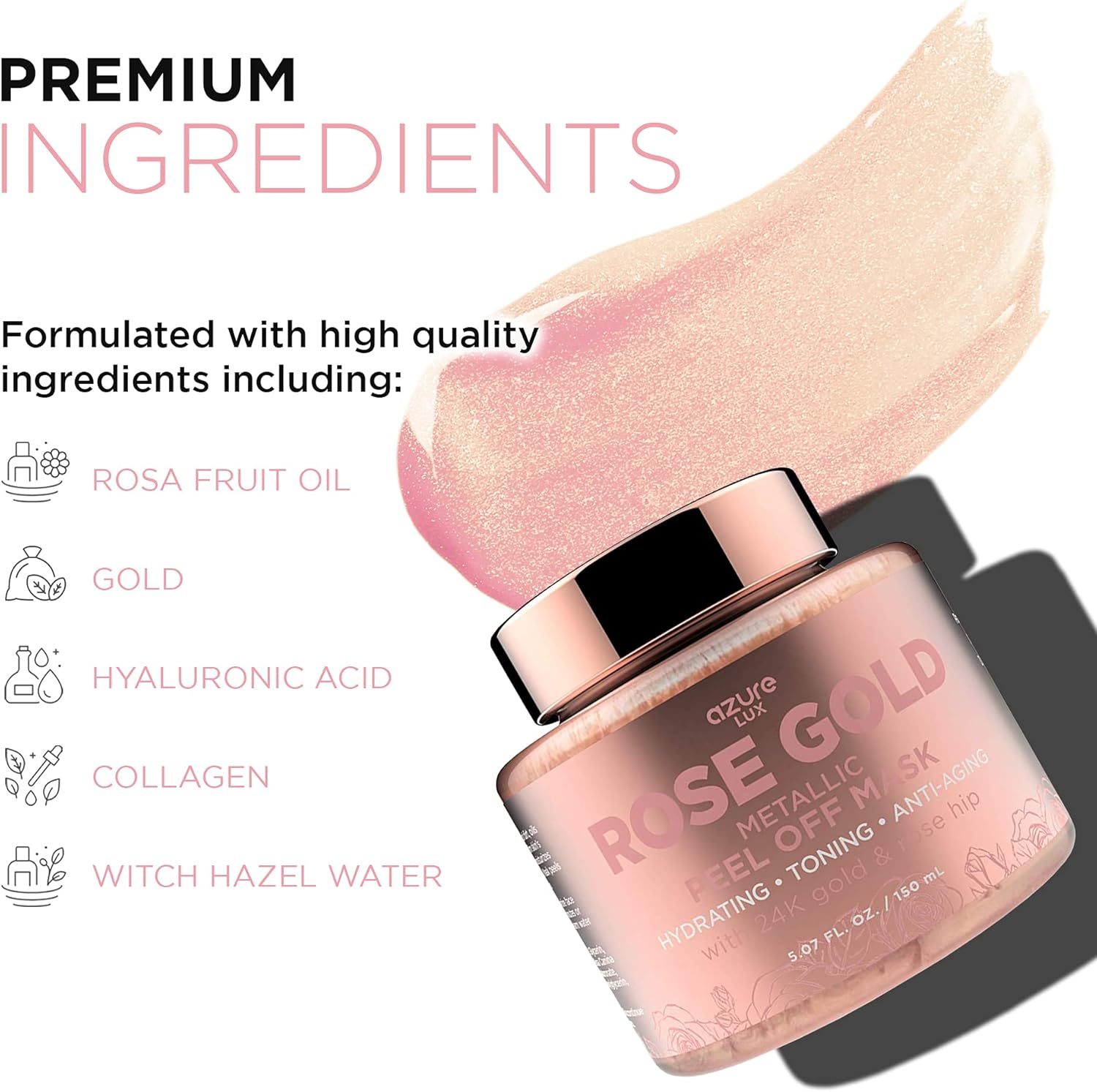 AZURE Rose Gold Metallic Sparkling Peel Off Moisturizing Face Mask - Deeply Exfoliates Blackheads & Dirt and Oil | Reduces Wrinkles, Fine Lines & Acne Scars | Repairs Uneven Skin Tone - 150mL