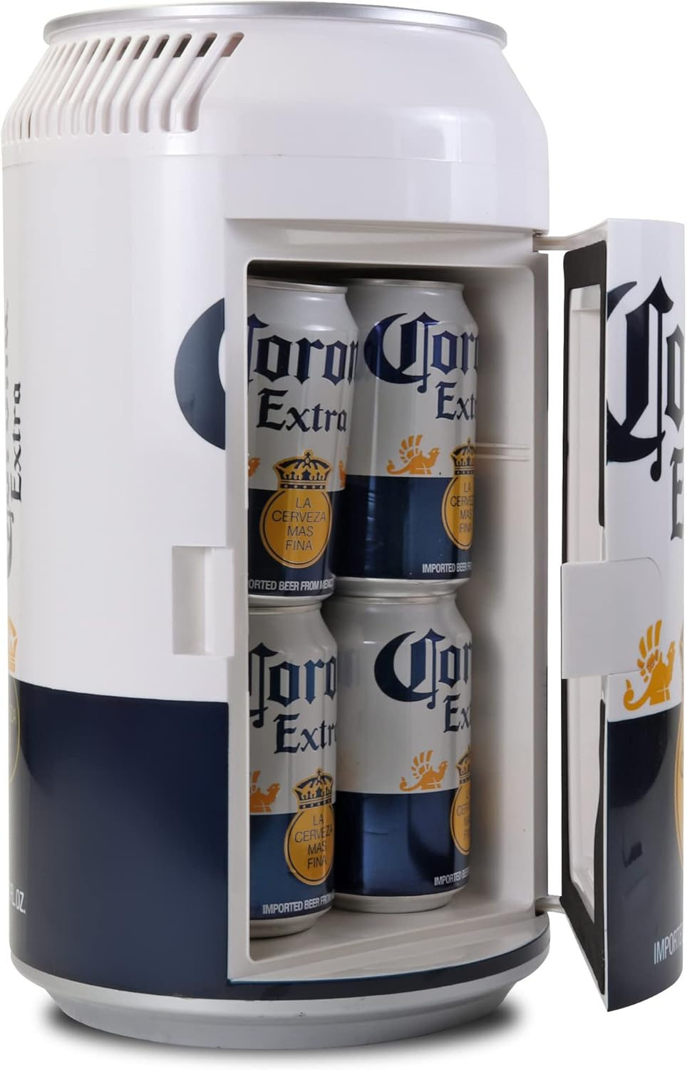 Corona 8 Can Portable Mini Fridge w/ 12V DC and 110V AC Cords, 5.4L (5.7 qt) Beer Can Shaped Personal Cooler, White, Travel Fridge for Beer, Snacks, Lunch, Drinks, Home, Office, Bar, Dorm, RV