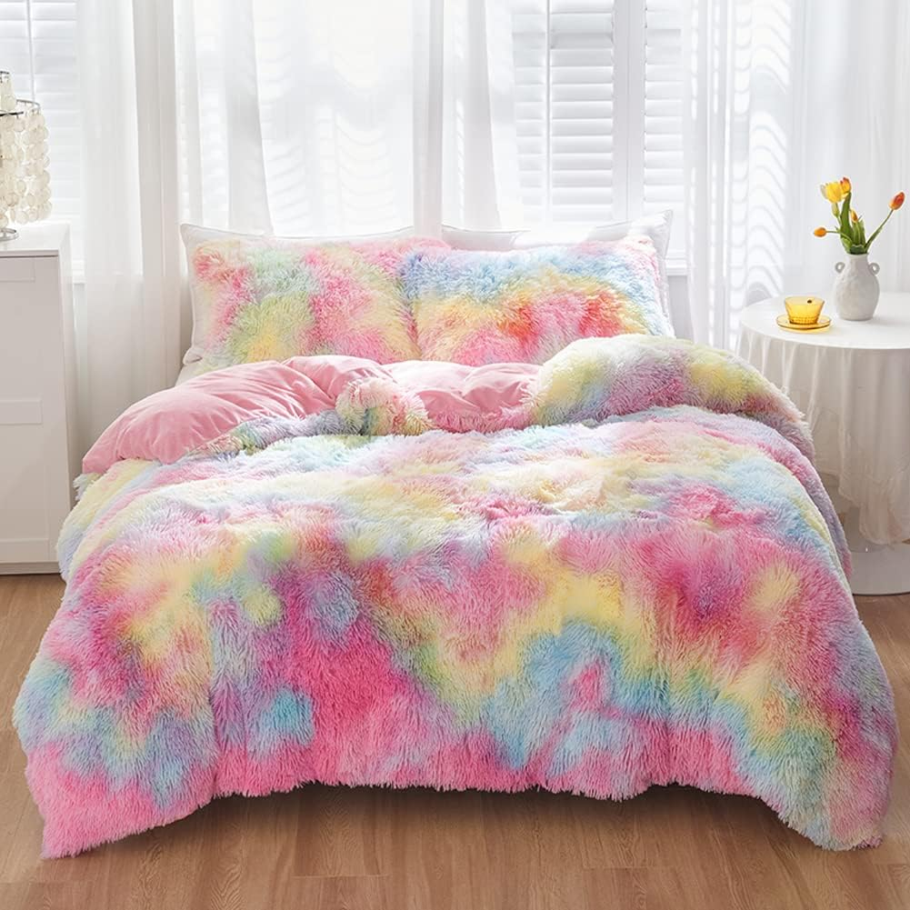 SUCSES Pink Fluffy Full Size Bedding Sets for Girls Faux Fur Plush Shaggy Kids Duvet Cover Set Colorful Rainbow Furry Comforter Cover Set Tie Dye Teen Girl Bed Set (Pink, Full)