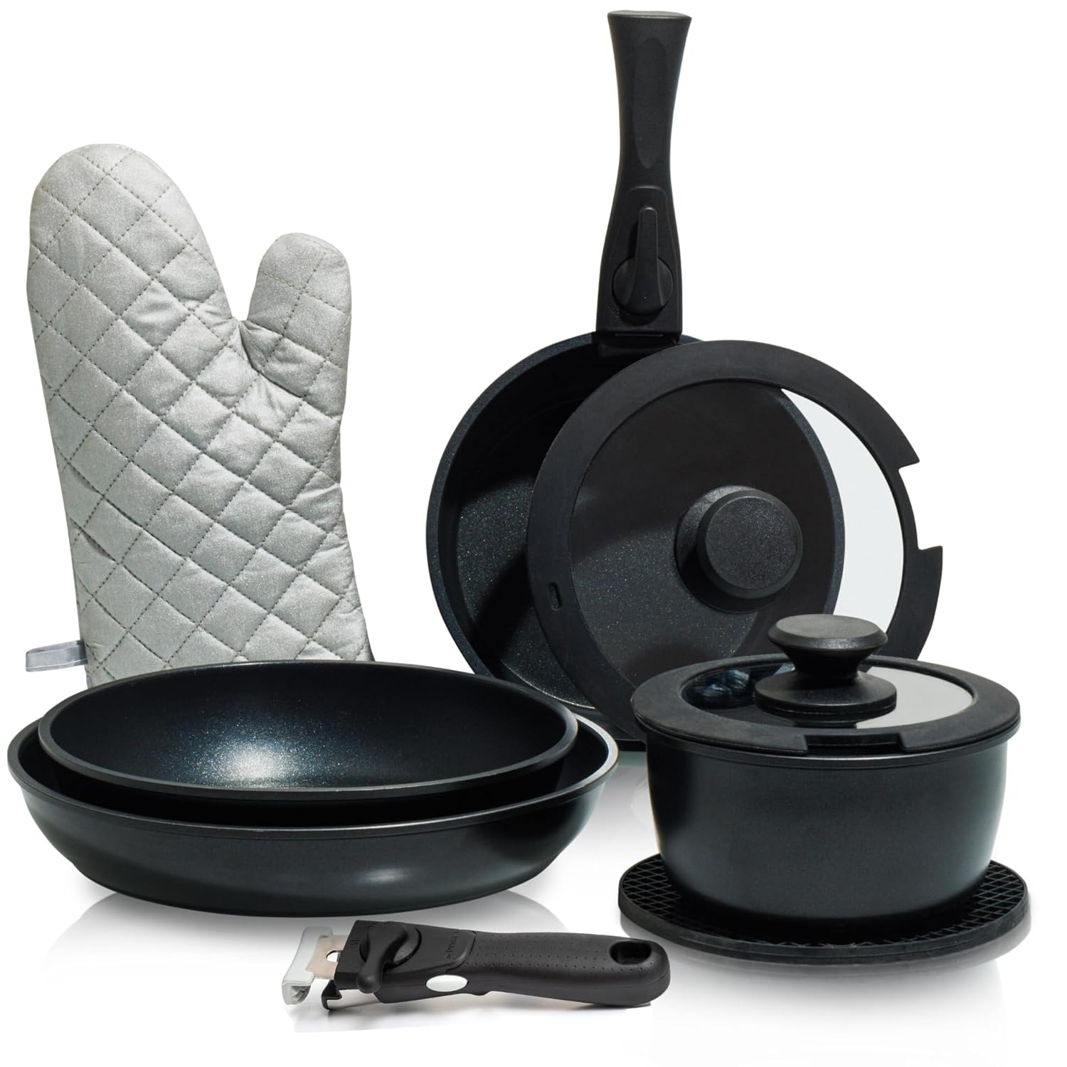 Moss & Stone 10pcs Black Pots and Pans Set Non Stick, Cookware Sets Detachable Handle, RV Kitchen Set Removable Handle, Oven Safe, Induction Ready, Stackable Non-stick Set, Camping Cookware Set