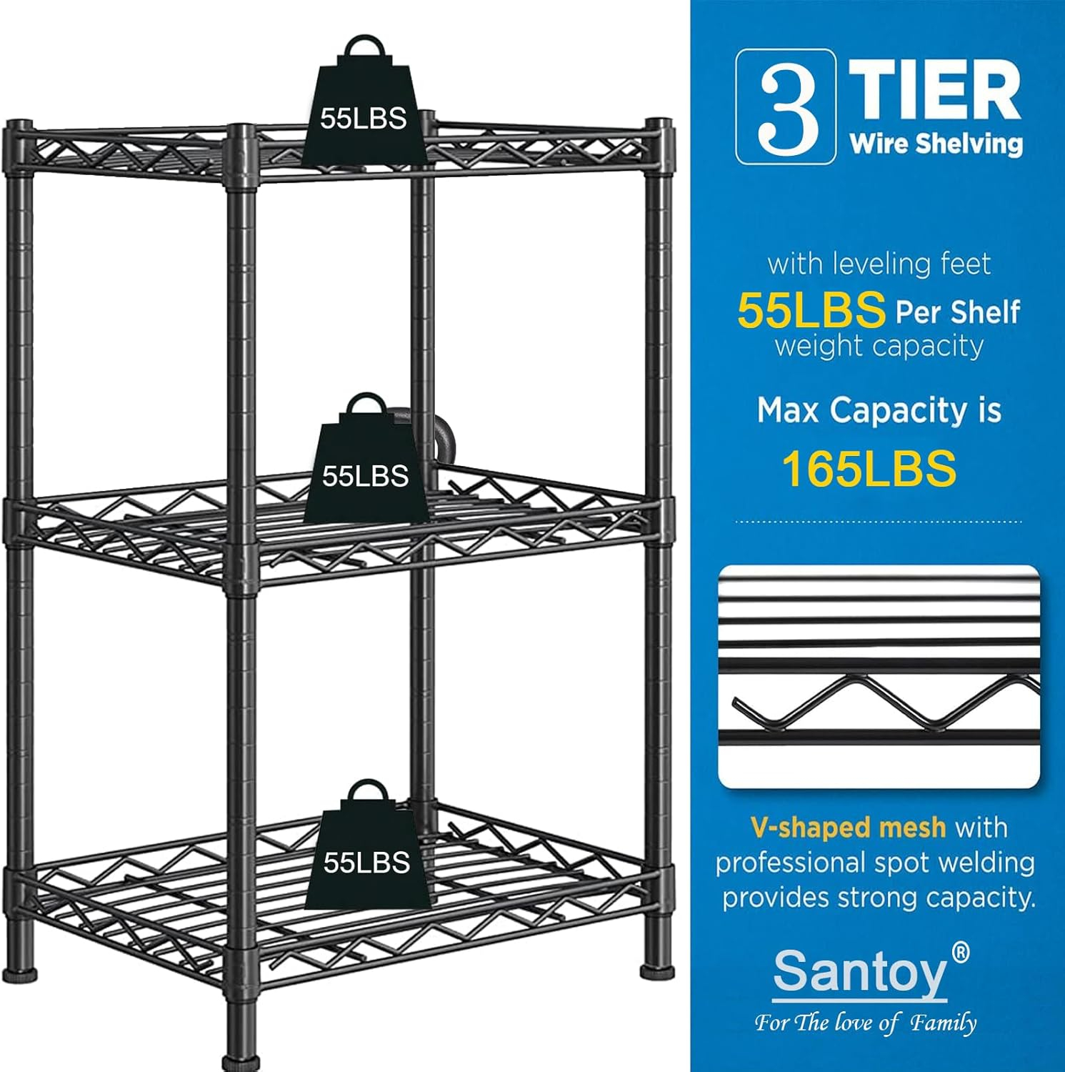Santoy 3 Tier Storage Shelves Adjustable,Rack Metal Shelf Unit for Kitchen, Bathroom, Pantry, Closet, and Bedroom - Strong Steel Wire Organizer (Black, 17.7" L x 11.8" W x 31.5" H)