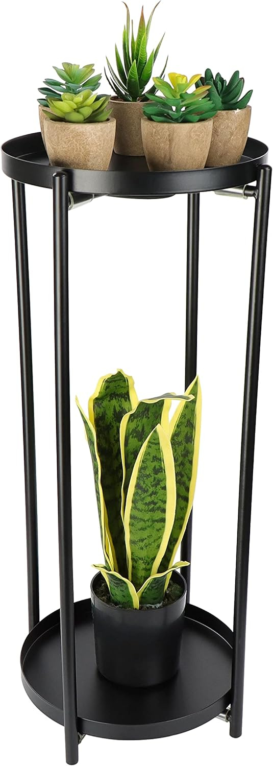 7Penn Tall Pedestal Plant Stand Table - 2 Tier Indoor Black Plant Riser Shelf