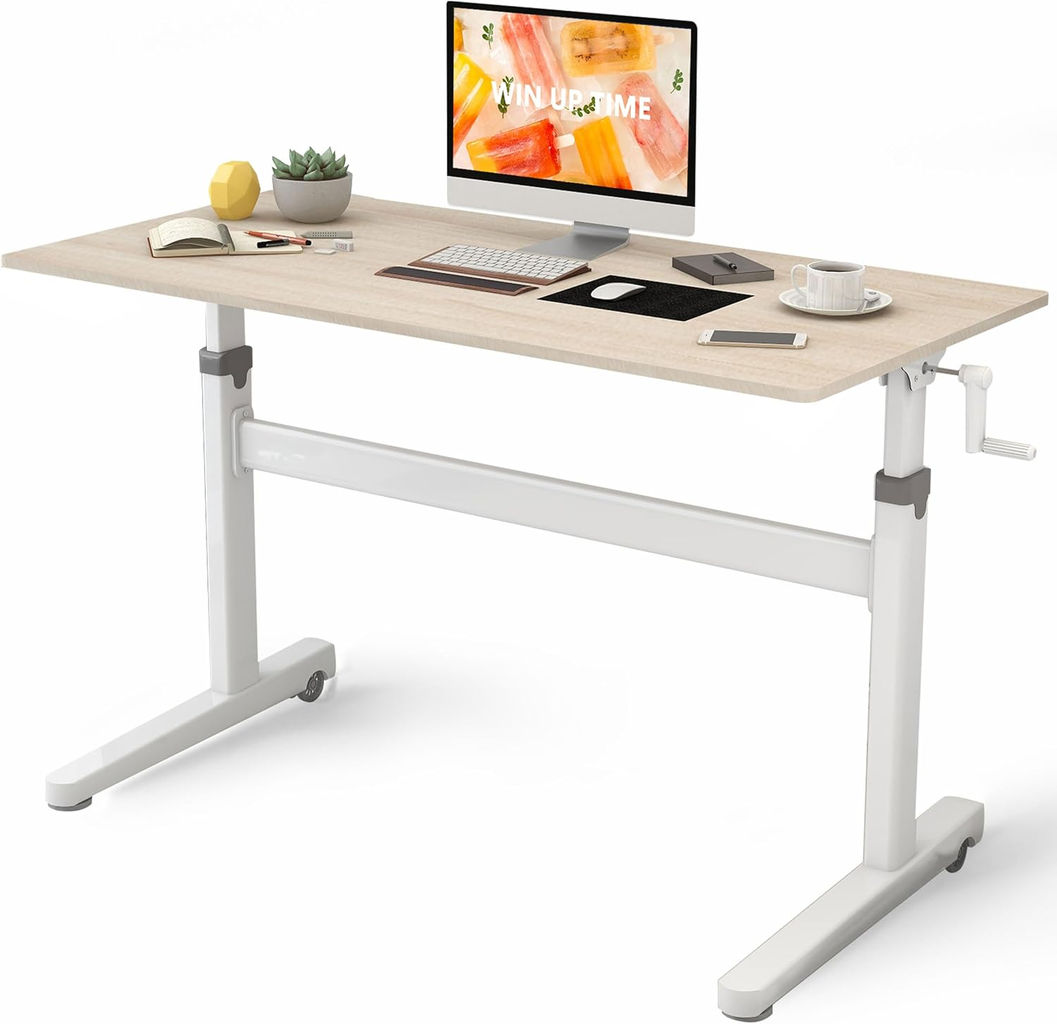 Manual Standing Desk Height Adjustable - Portable Sit to Stand Home Office Desks - Non-Electric Rising Table with Hand Crank and Rolling Wheels - 48 Inch Maple Whole Piece Wood Desktop