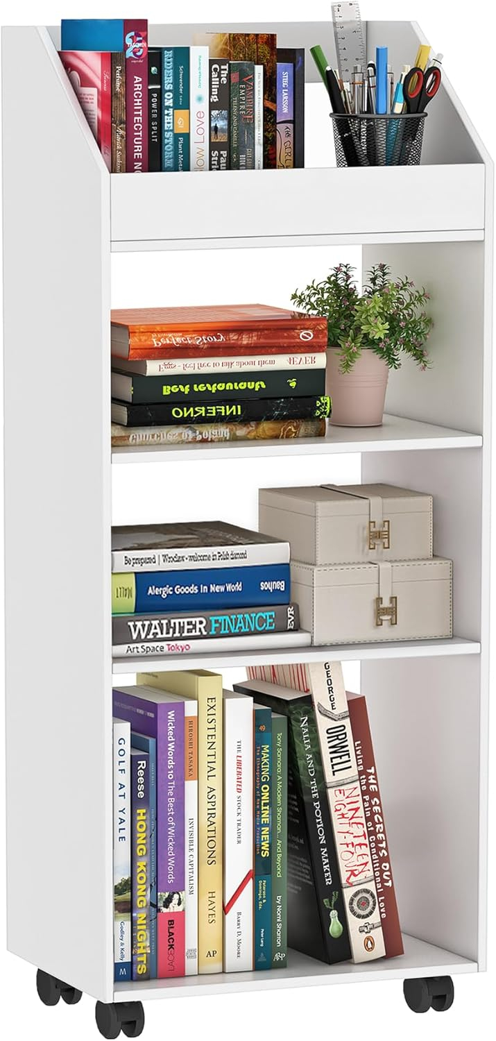 4-Tier Mobile Bookshelf, White Bookcase with Wheels, Rolling File Holder Desk File Book Organizer for Home Office Living Room School