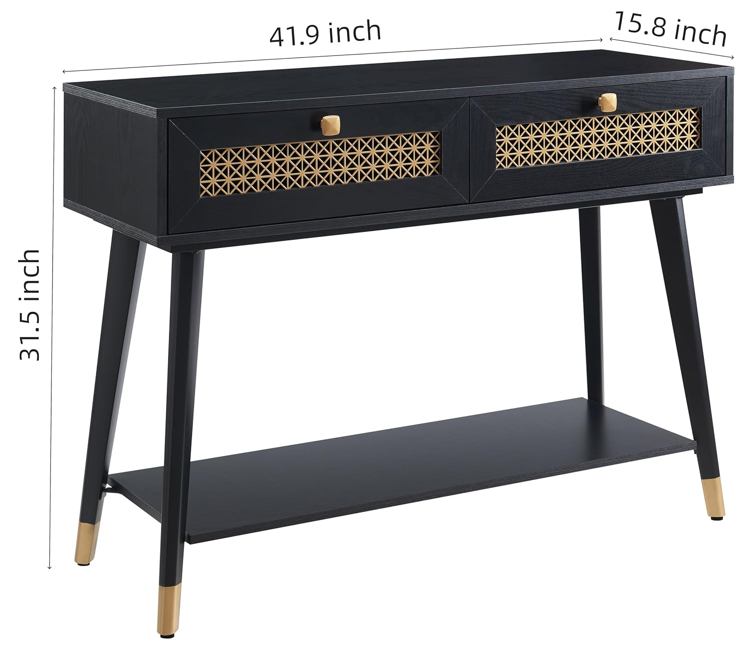 JYED Mid Century Modern Console Table with Gold Accent - 66" Entryway Table with Drawers, Faceted Taper Legs & Ventilated Storage for Hallway (Black)
