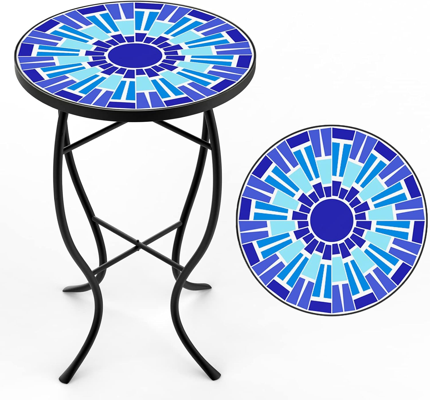 Outdoor Patio Side Table Round Ceramic Tile End Table Blue