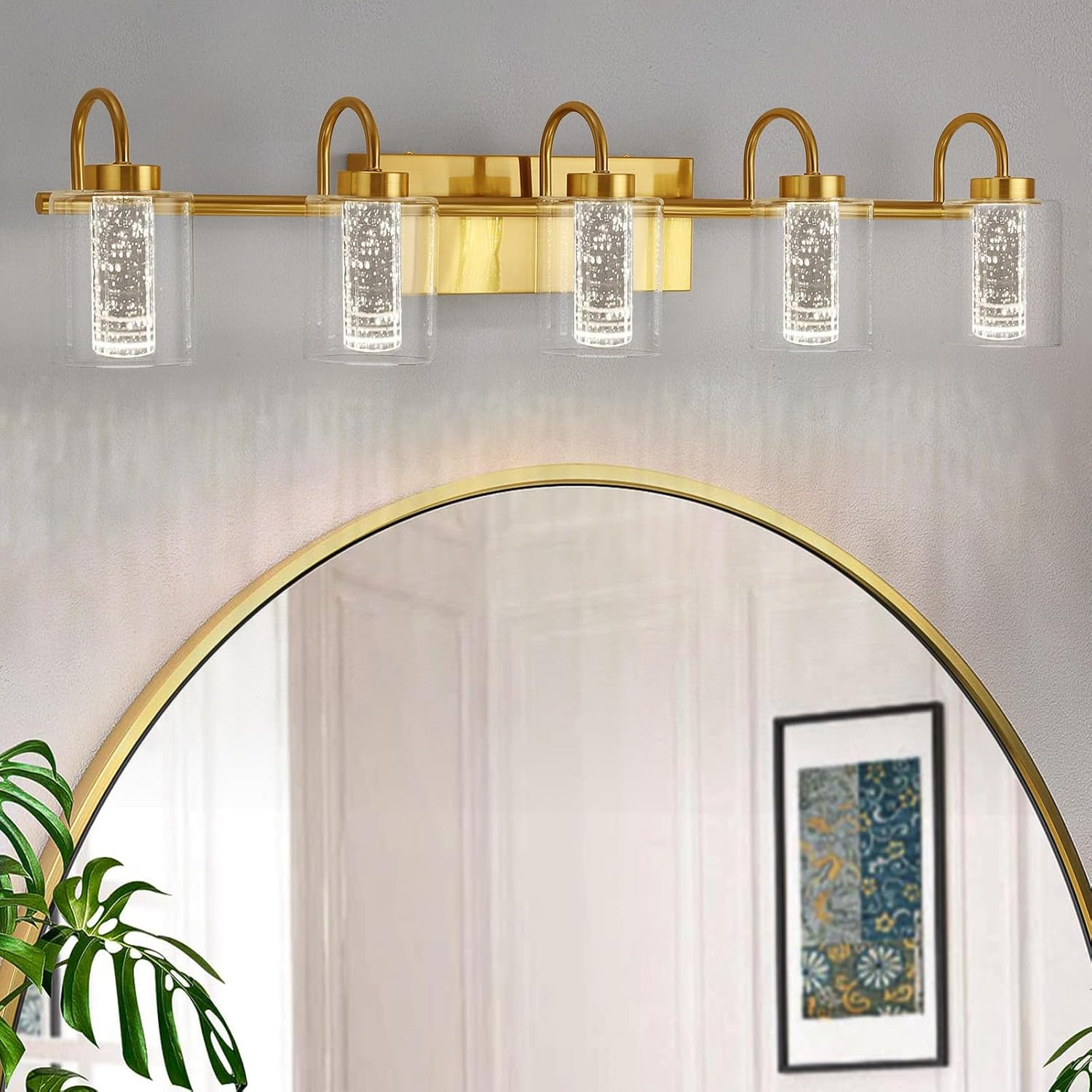 Litake 5 Light Brushed Gold Vanity Lights, Bathroom Light Fixtures Crystal Bubble Glass Dimmable 3 Color Temperatures Modern Wall Sconce for Bathroom Hallway Kitchen Bedroom Living Room