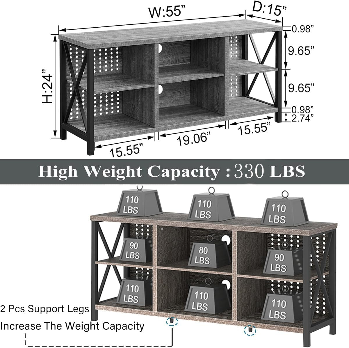 LVB Rustic Entertainment Center for 65 Inch TV, Industrial Wood TV Stand with Media Cabinet Storage, Farmhouse Metal Television Stands Console Table for Home Living Bedroom, Light Grey Oak, 55 Inch