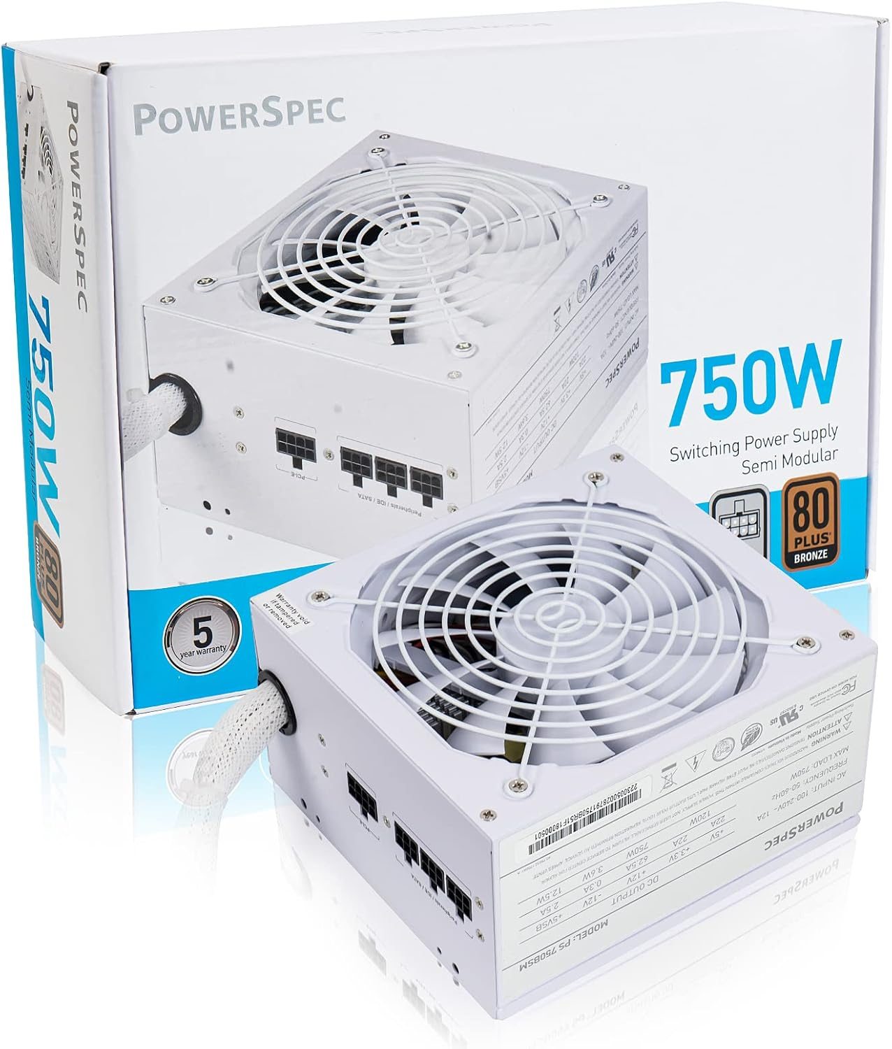PowerSpec 650W Power Supply Semi Modular 80 Plus Bronze Certified ATX PSU Active PFC SLI Crossfire Ready Gaming PC Computer Power Supplies, PS 650BSM(White Edition)