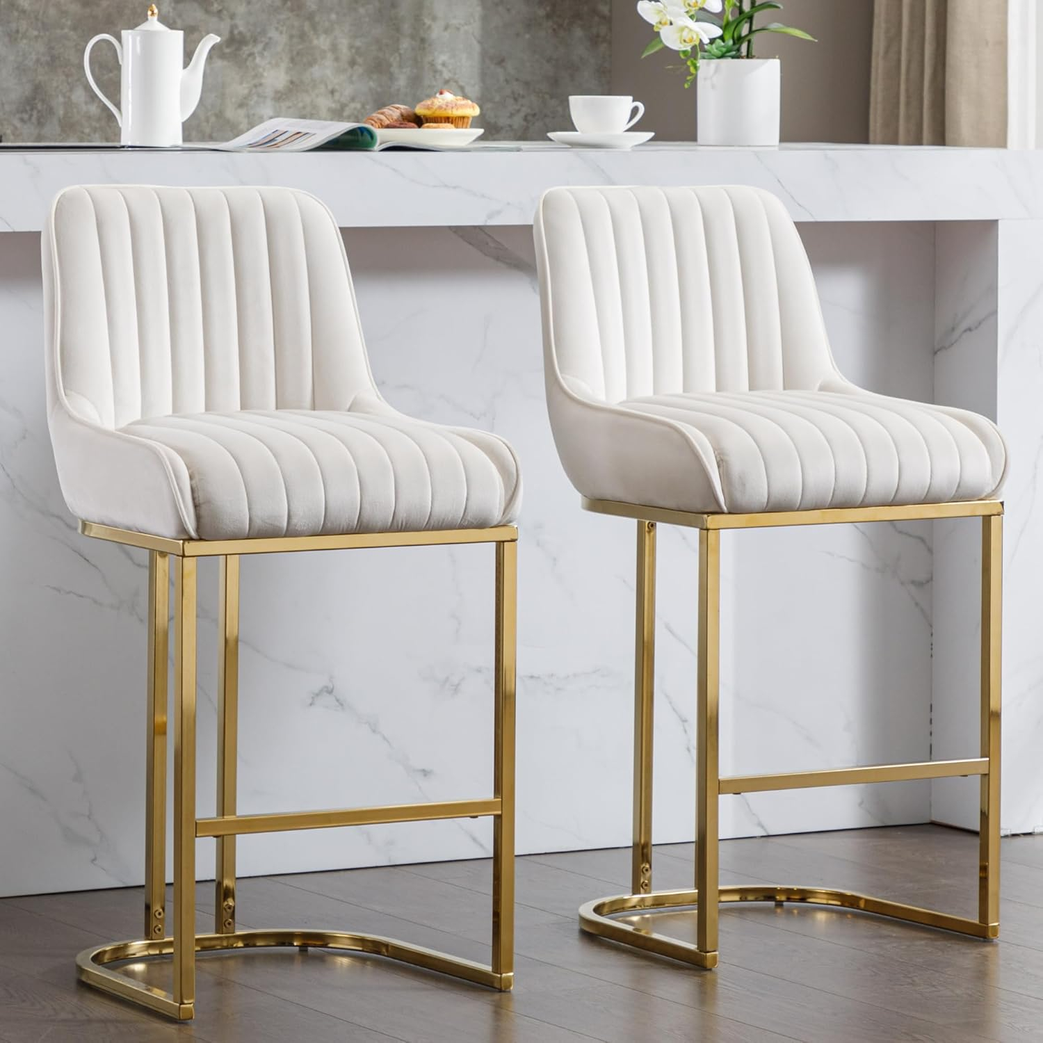 Counter Height Stools Set of 2, Velvet Bar Stools with 27 Inches Upholstered Seat Height, Handmade Woven Back Armrest, Sturdy Golden Metal Legs for Home Dining Pub Kitchen Island, Beige