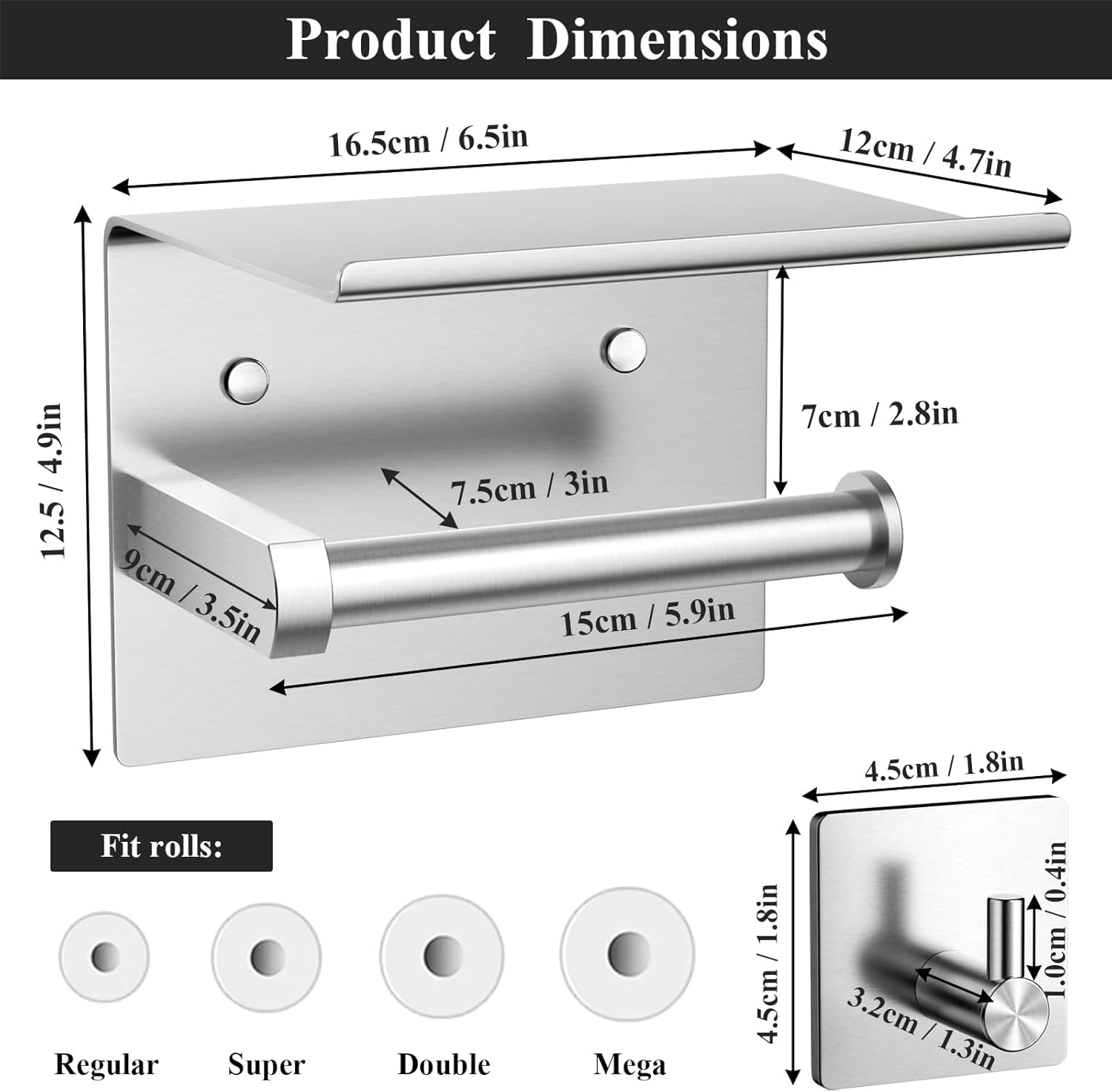 Tindbea Mega Size Toilet Paper Holder with Shelf + Towel Robe Hooks, Adhesive or Screw Wall Mounted Toilet Paper Roll Holder, Stainless Steel Bathroom Hardware Set (Brushed Nickel)