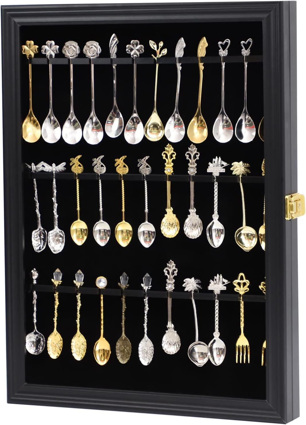 36 Souvenir Tea Spoon Display Case Collection Collector Rack Wall Mount Wooden w/98% UV Acrylic Door Lockable（Black）