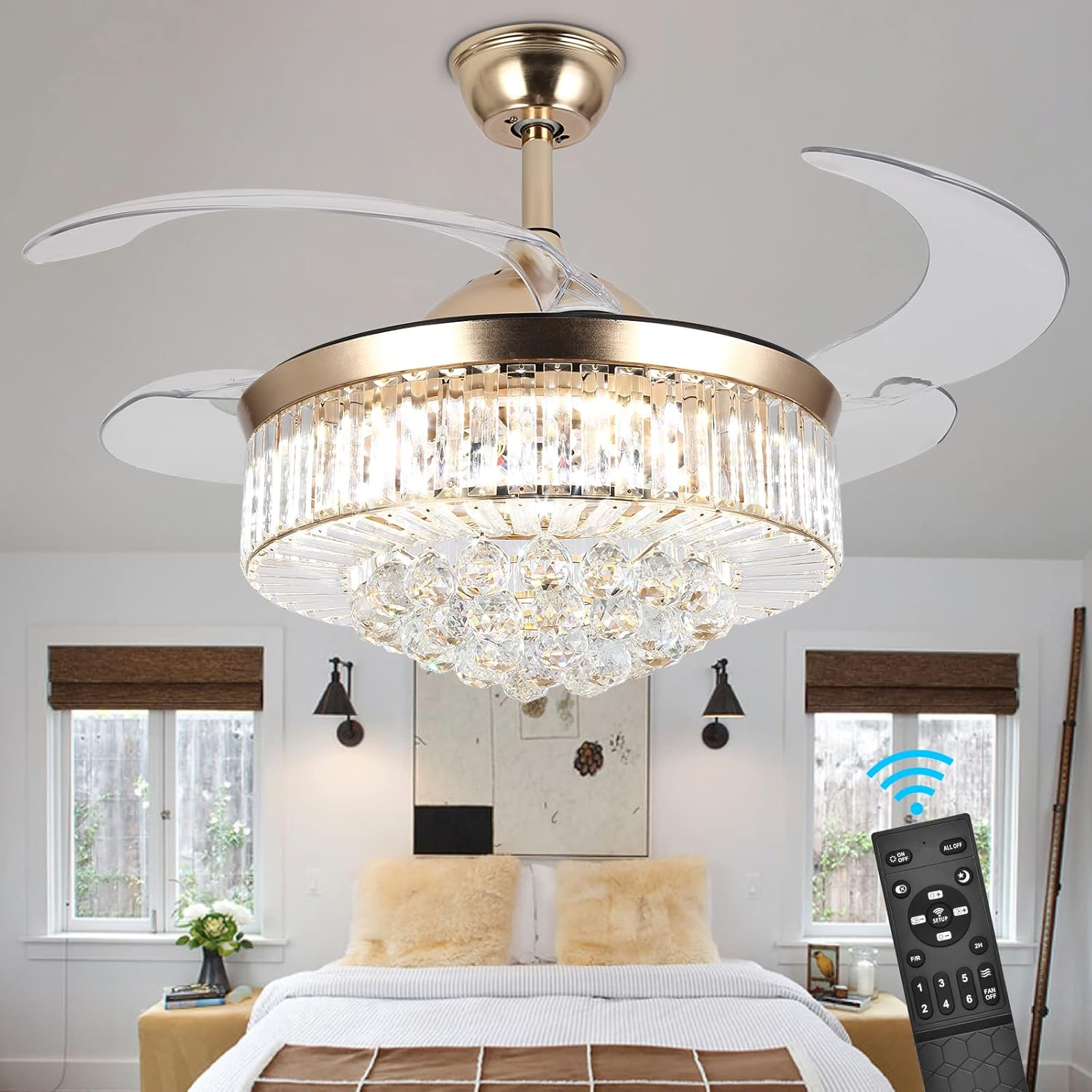 Panghuhu88 42" Invisible Ceiling Fan Chandelier Light,Modern Crystal Ceiling Fan Light Remote Control 4 Retractable ABS Blades for Bedroom Living Room Dining Room Decoration
