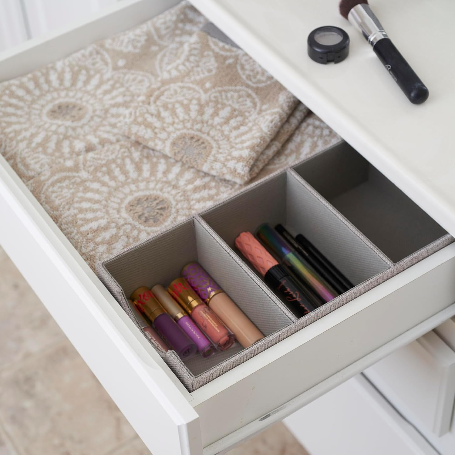Household Essentials Organizer Tray, Accessory Organizer, Sturdy Drawer Organizer with Fabric Covering and Three Compartments, Grey