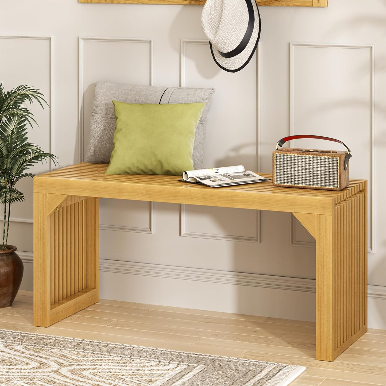 35" Solid Wood Bench, Nature Entryway Bench with Storage for Entryway, Living Room, Kitchen