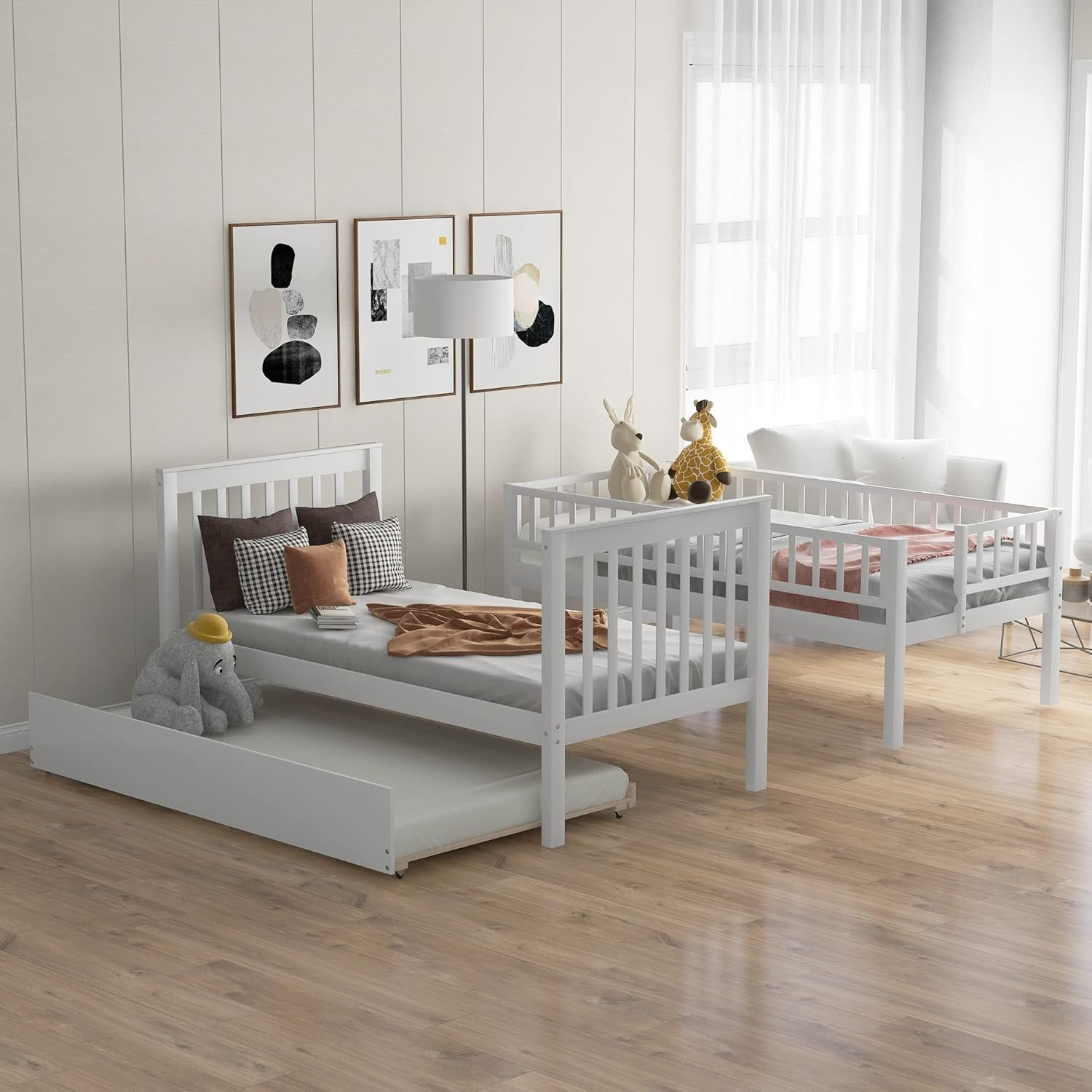 Harper & Bright Designs Solid Wood Bunk Bed Frame with Trundle, Twin Over Twin Loft Bed With Storage Stairways and Guardrails for Kids and Teens