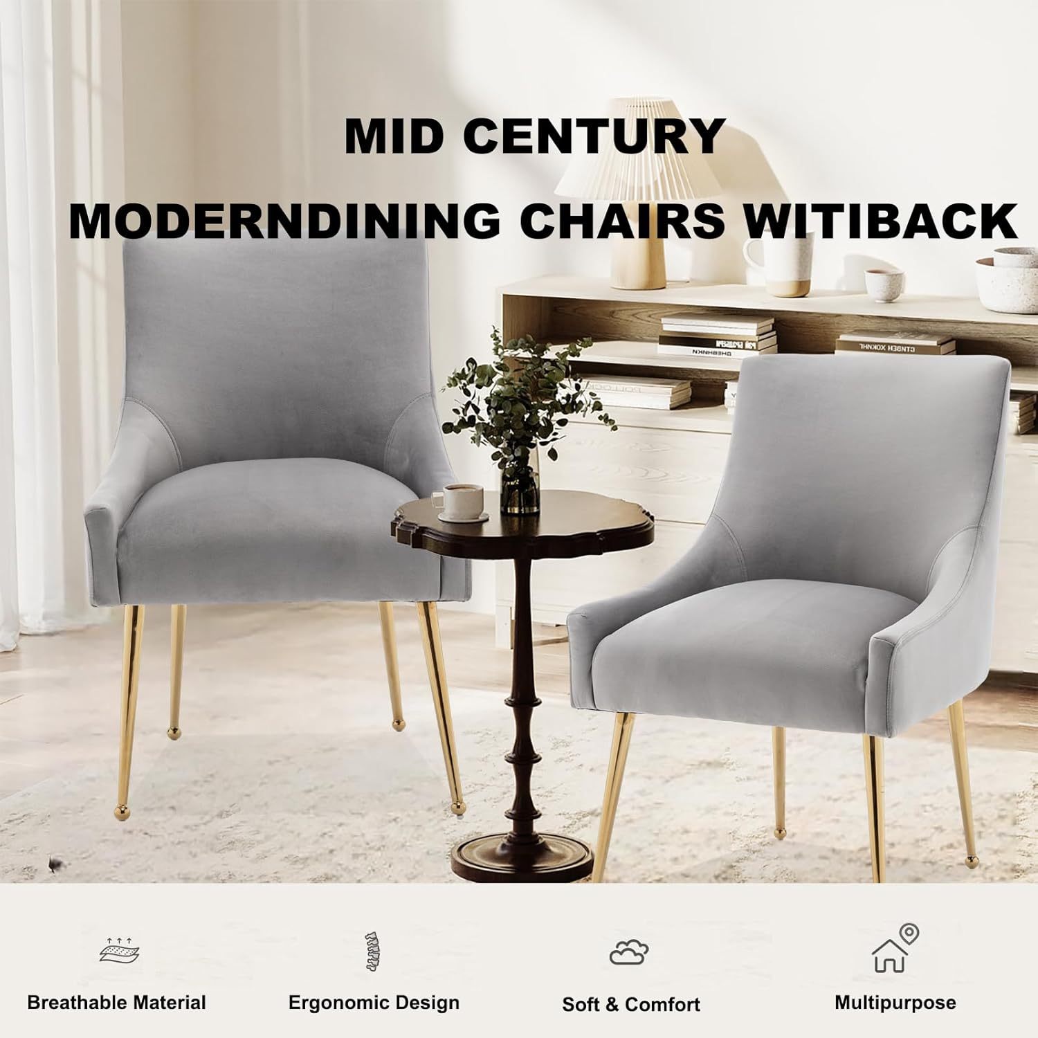 Dining Chairs Set of 2, Modern Velvet Accent Kitchen Chairs with Gold Legs Upholstered Guest Chairs for Living Room/Kitchen/Restaurant/Study Room