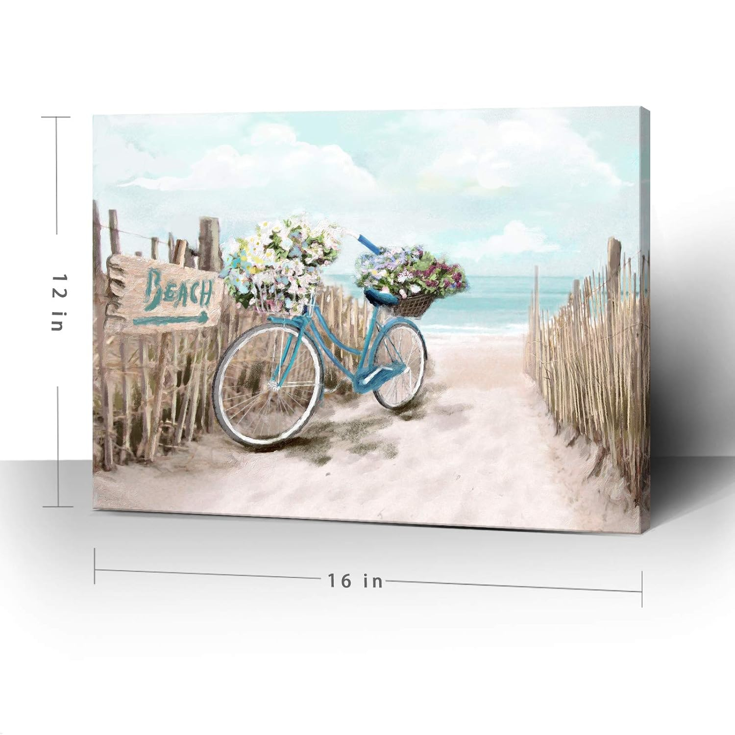 Beach Canvas Wall Art for Bathroom Ocean Pictures Seaside Bicycle Canvas Print Seascape Painting Framed Teal Aqua Blue Calming Shoreside Artwork for Modern Coastal Themed Lake Home Bedroom Décor Ready