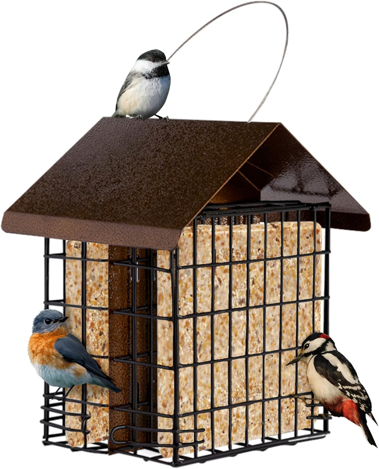 MEKKAPRO Suet Feeder with Hanging Metal Roof, Two Suet Capacity.