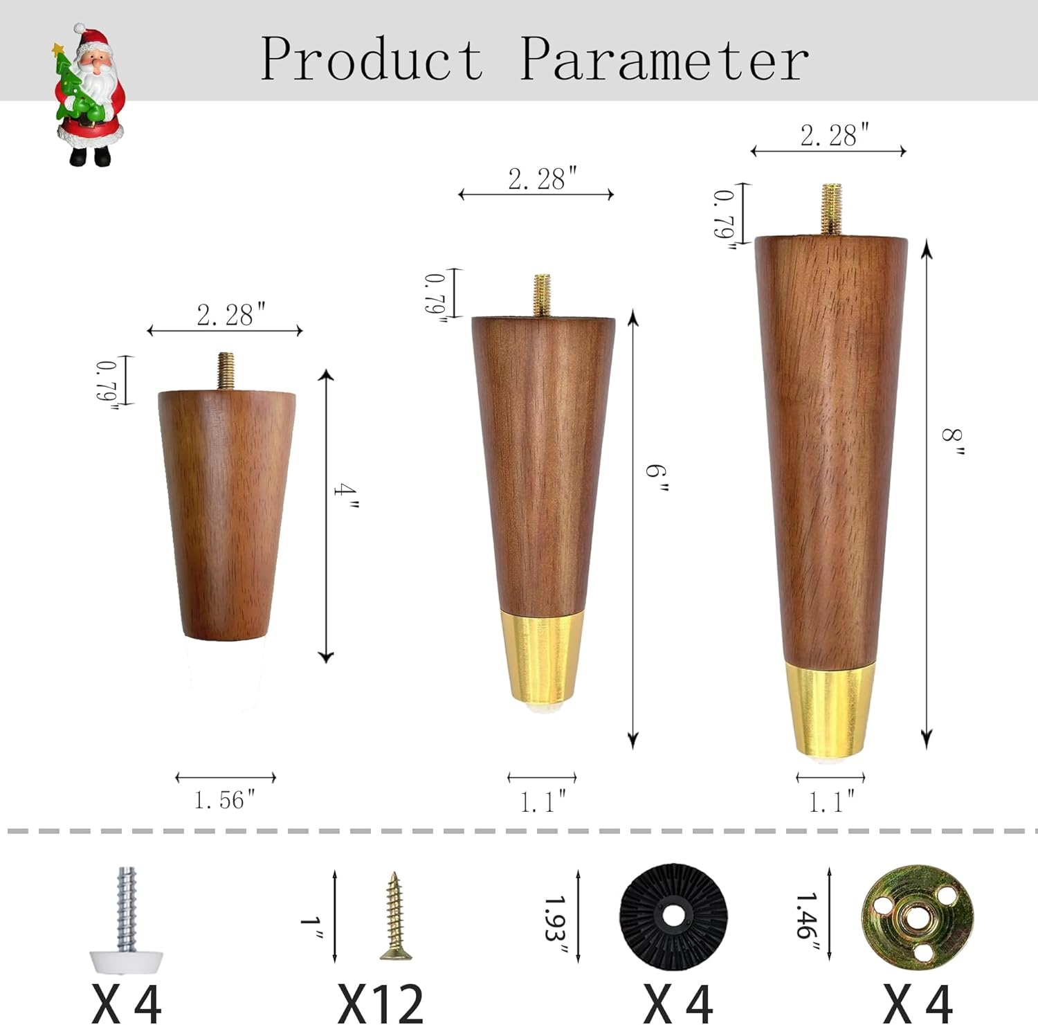 Hard Wood Furniture Legs with Gold Caps 6 Inch Mid-Century Modern Replacement Legs for Couch Dresser Cabinet Vanity Ottoman Walnut Color Sofa Legs Set of 4