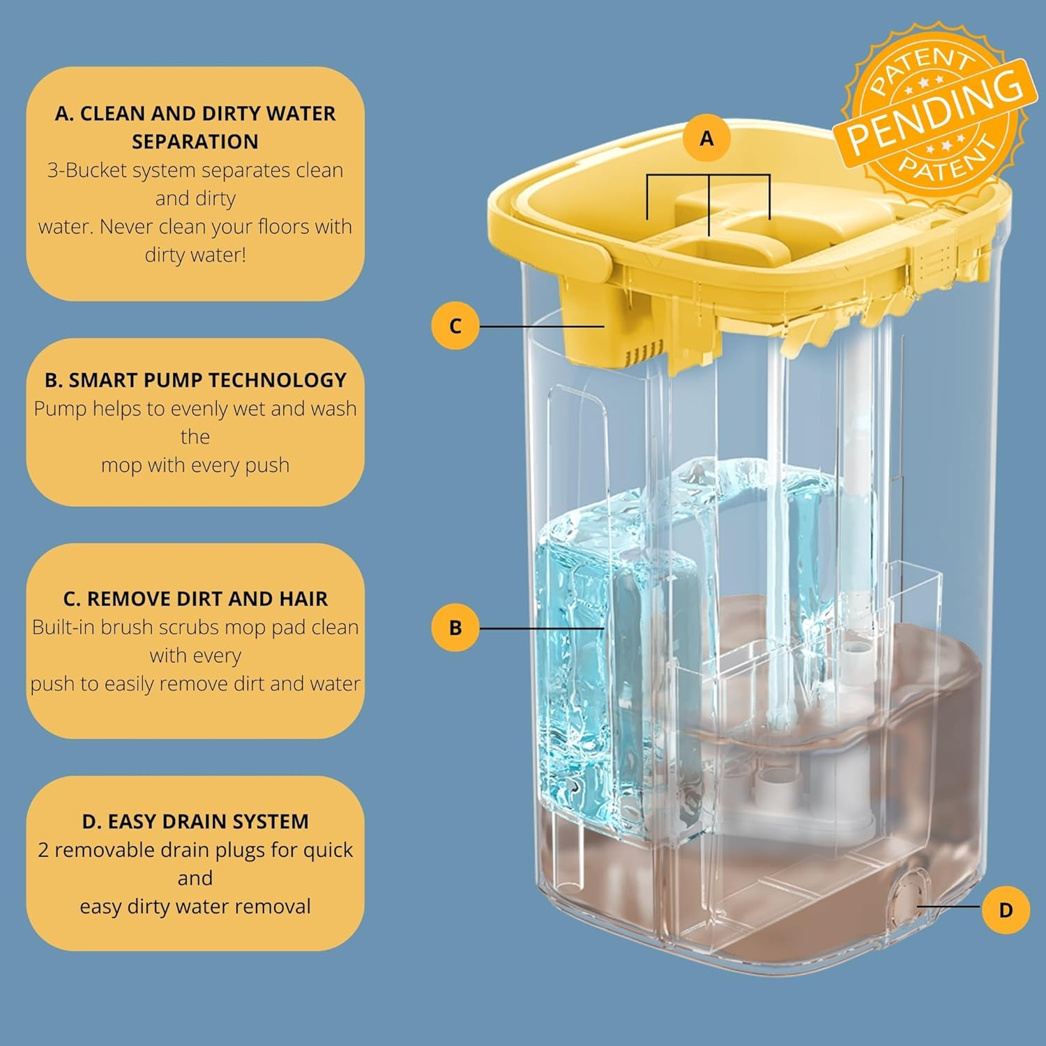 True & Tidy® TrueClean Mop & Bucket Spin Mop Pump System, Patent Pending 3 Compartments Separate Clean & Dirty Water, Hands-Free Self-Wringing Aluminum Head, Machine Washable Pads, in Gift Box