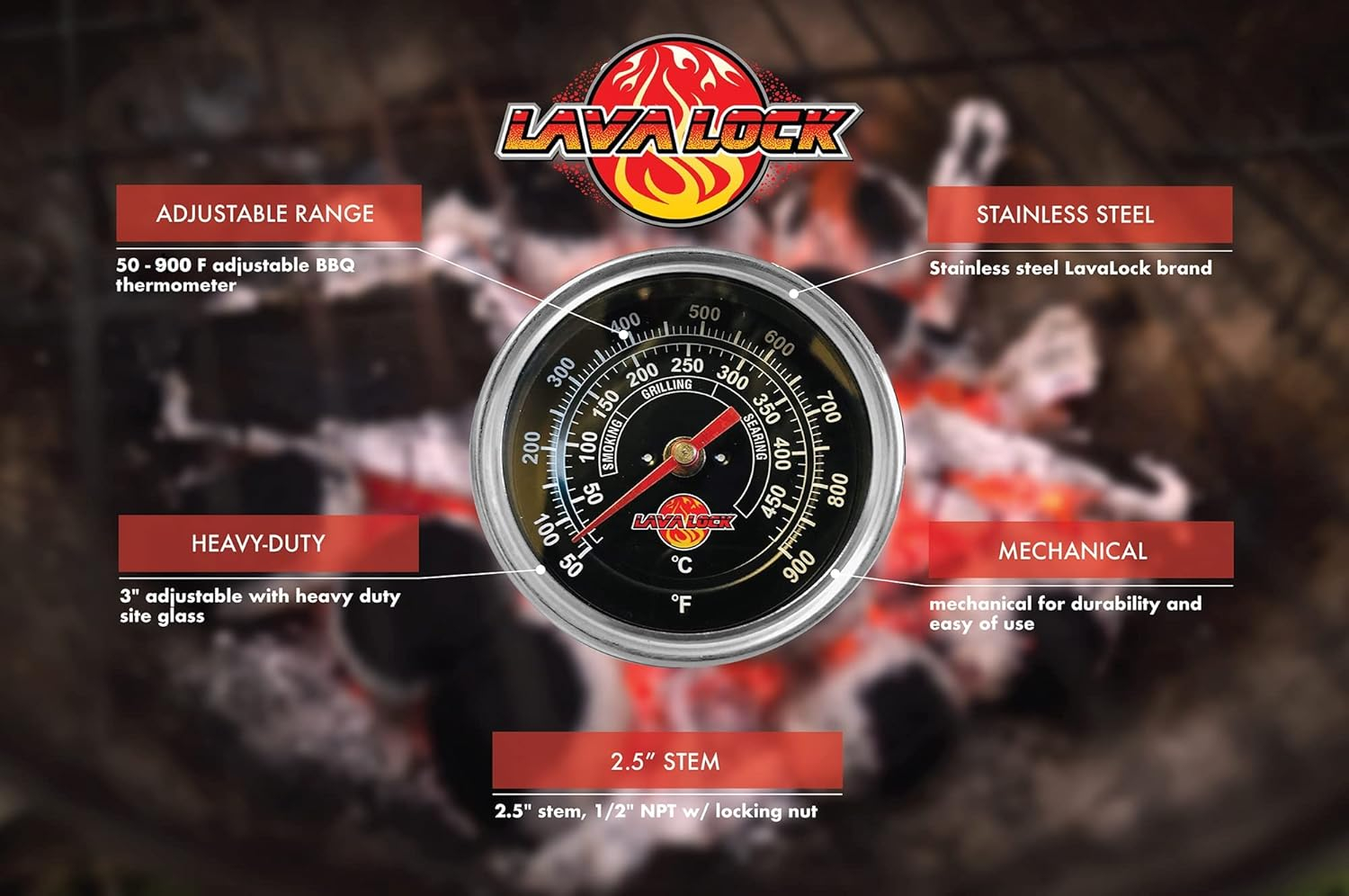LavaLock BBQ Grill Thermometer 50F-900F High Temp Range Heavy Duty Smoker Thermo 3" Face with M8 Thread