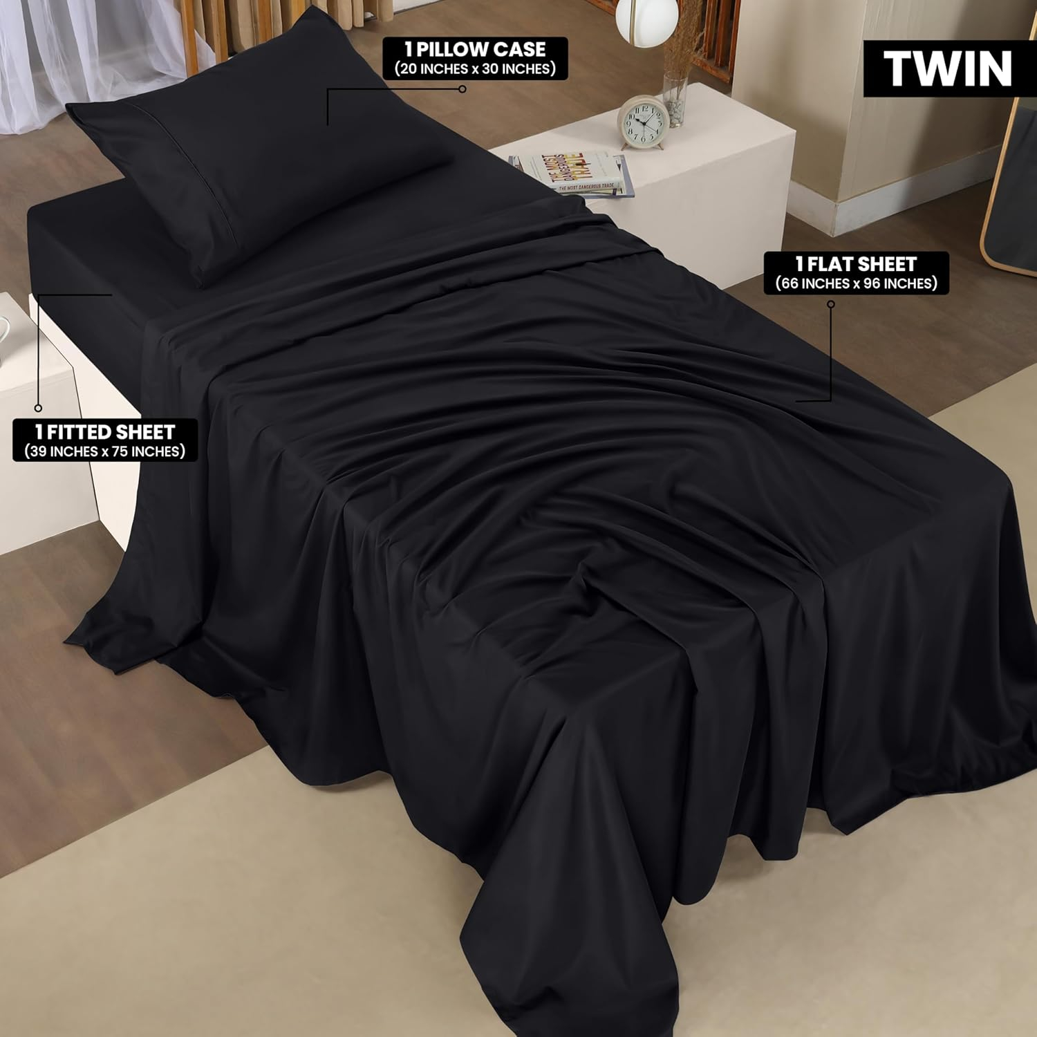 Utopia Bedding Twin Sheet Set – 3 Piece Bed Sheets for Twin Size Bed, Soft and Breathable Microfiber, Includes 1 Fitted Sheet, 1 Flat Sheet and 1 Pillowcase (Black)