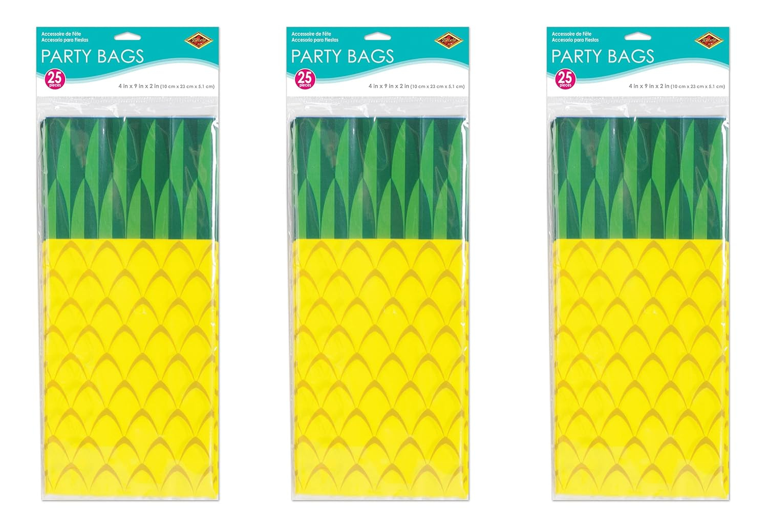 Beistle 75 Piece Tropical Treat Favor Bags, 4" x 9" x 2" - Summer Luau Party Pineapple Cello Candy Holders With Twist Ties