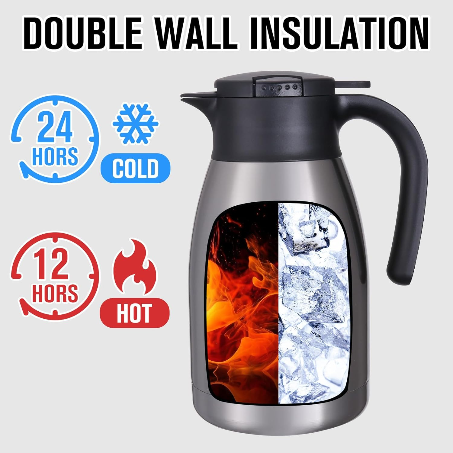 GiNT 51Oz Stainless Steel Thermal Coffee Carafe with Lid/Double Walled Vacuum Thermal Carafe / 12 Hour Heat Retention (Silver, 1.5L)