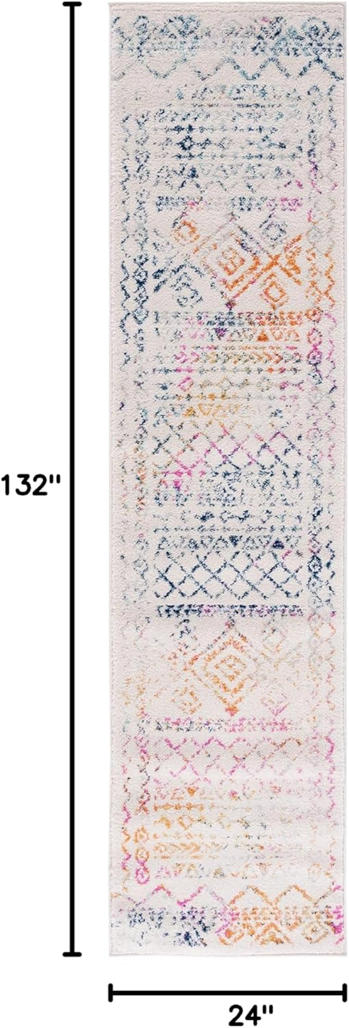Ivory and Fuchsia Synthetic Oriental Runner Rug, 2' x 11'