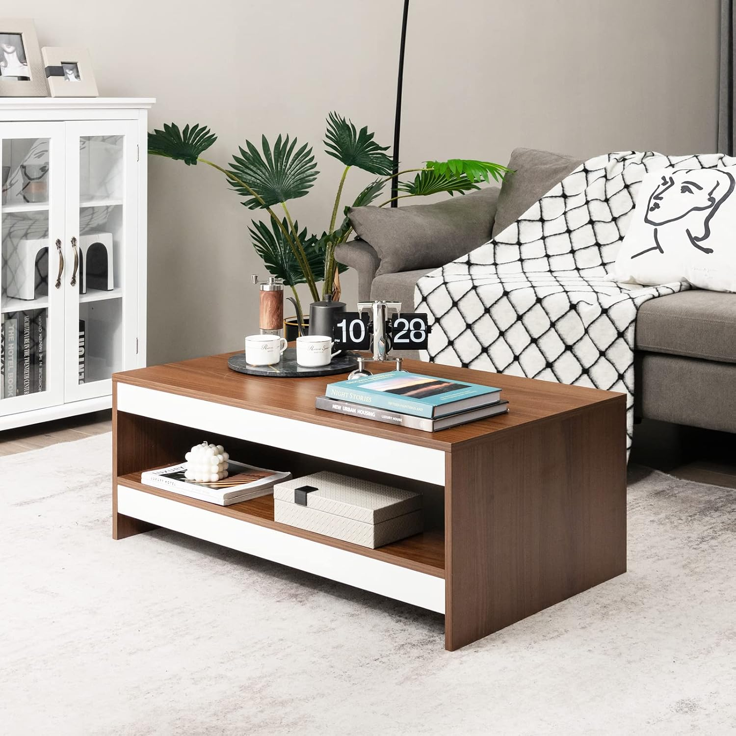 Tangkula Modern Coffee Table for Living Room, 2-Tier Rectangle Coffee Table with 37" Large Tabletop and Open Shelf, Wood Central Tea Table, Cocktail Table for Reception Office (Brown)