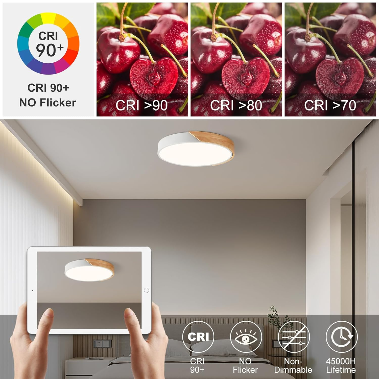 Vikaey Modern LED Ceiling Light, Minimalist Wood Flush Mount Ceiling Light Fixture, 4000K Not Dimmable, Circle Lighting Lamp with Acrylic Lampshade for Bedroom Dining Room Laundry (White, 15.8'')