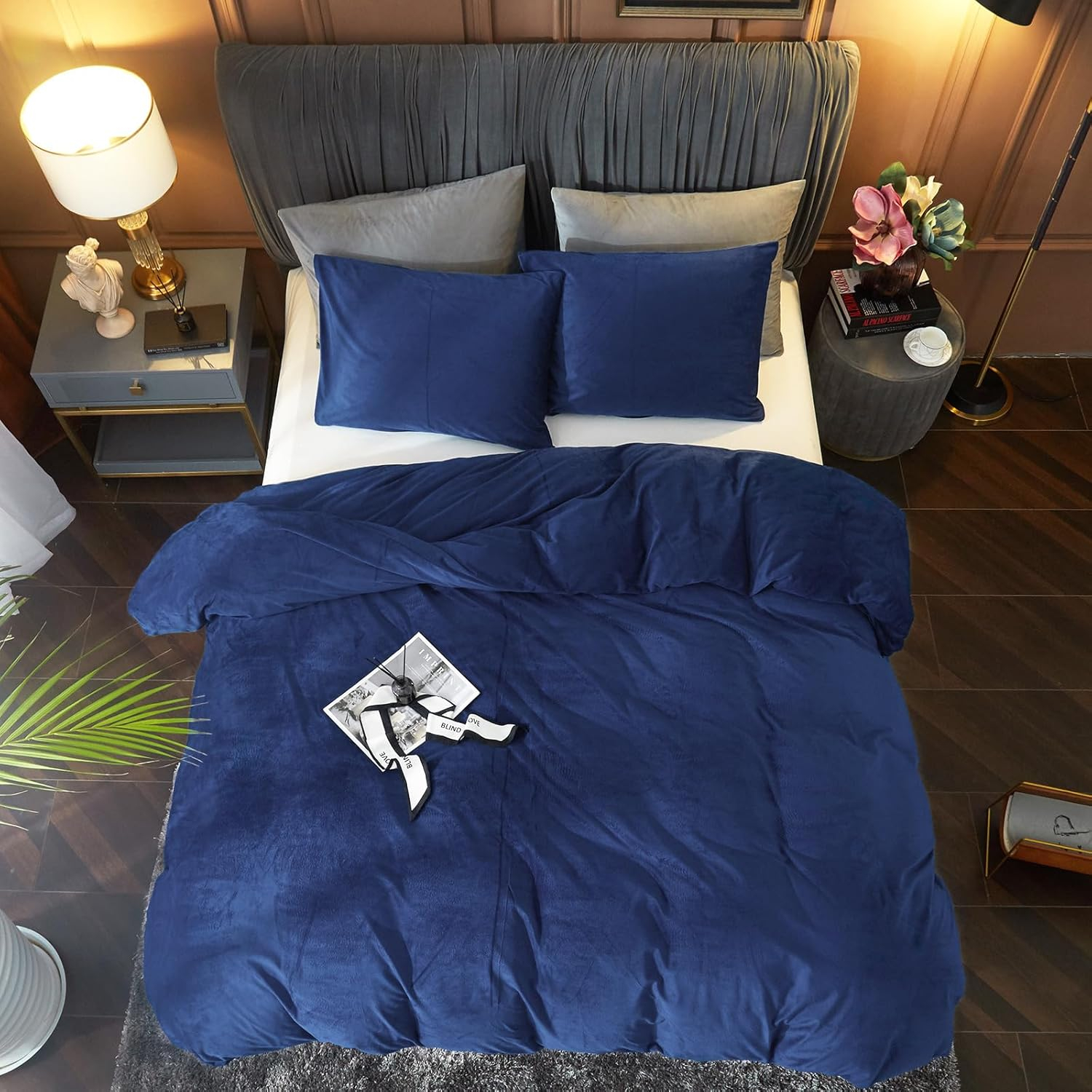 Ivellow Velvet Duvet Cover Queen Size 3 Pcs Flannel Navy Blue Duvet Cover Queen Velvet Comforter Cover Bedding Set Ultra Soft Cozy Solid Luxury Velour Duvet Cover Set Zipper Closure Corner Ties