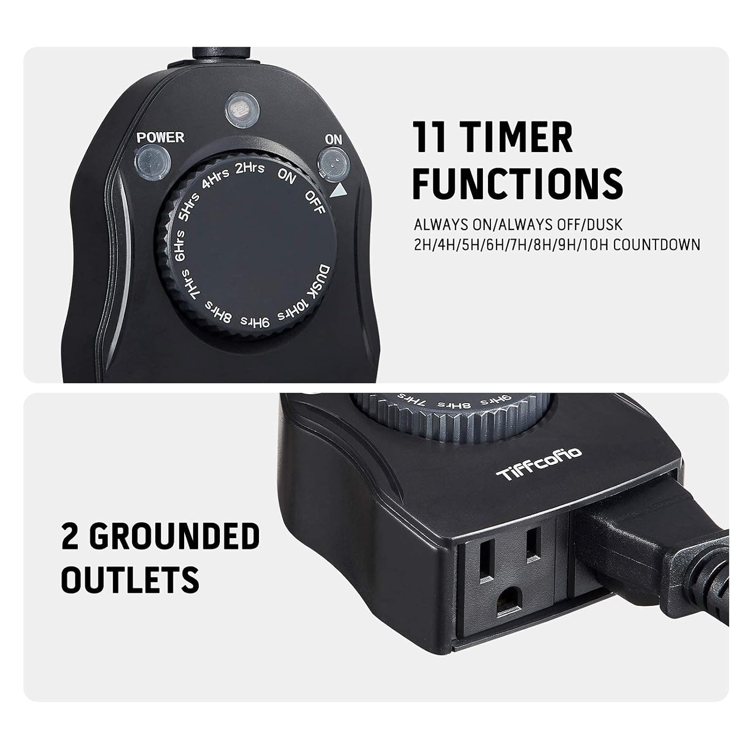 Outdoor Timer Outlet, Dusk to Dawn Light Sensor Timer, Outdoor Light Timer for Electrical Outlets Weatherproof, 2 Grounded Outlets for Christmas Lights, 15A 1/2HP, CSA Listed (1 Pack)